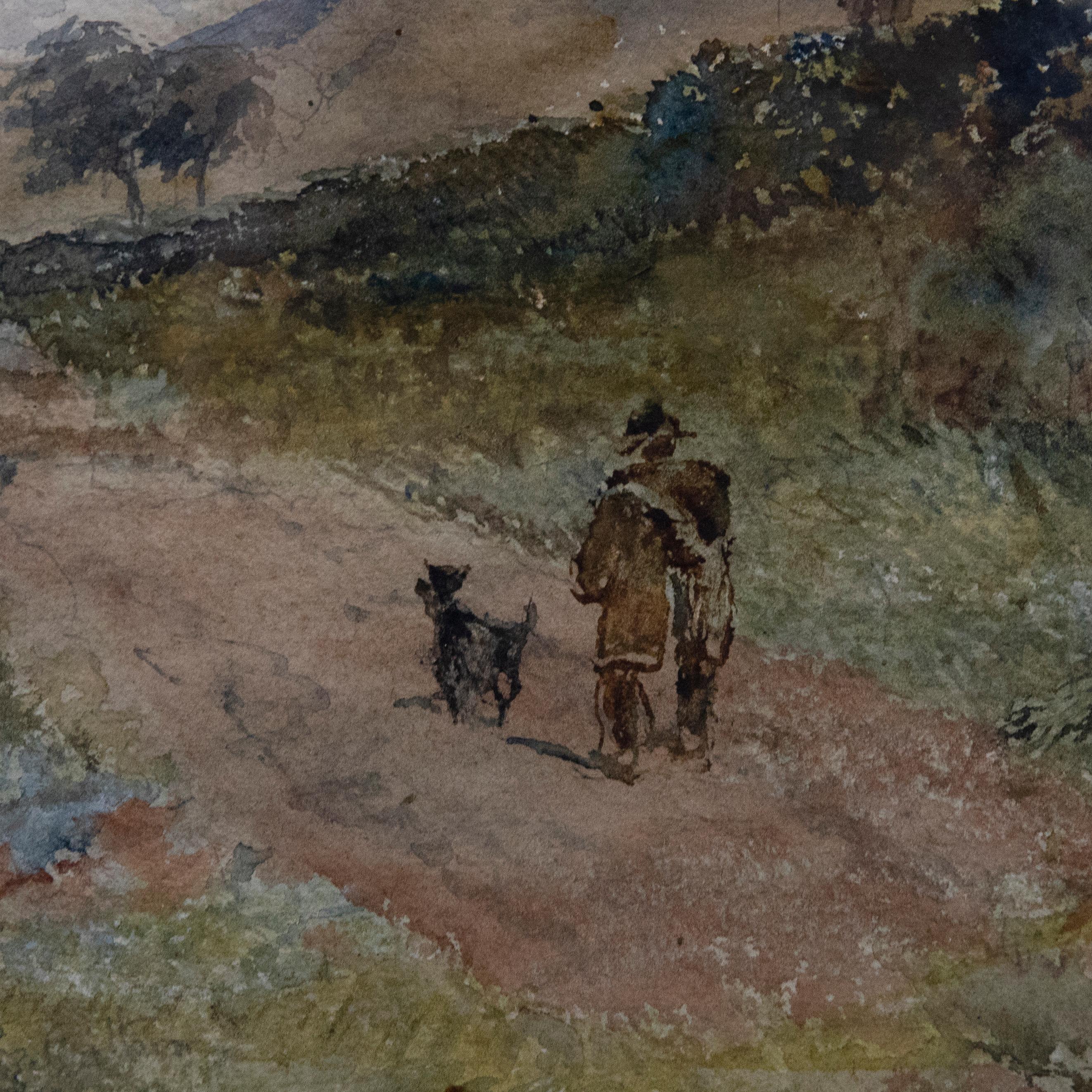 Maravillosa vista de la campiña galesa que representa a un hombre y su perro caminando por un sendero rural. El artista ha inscrito la localidad 