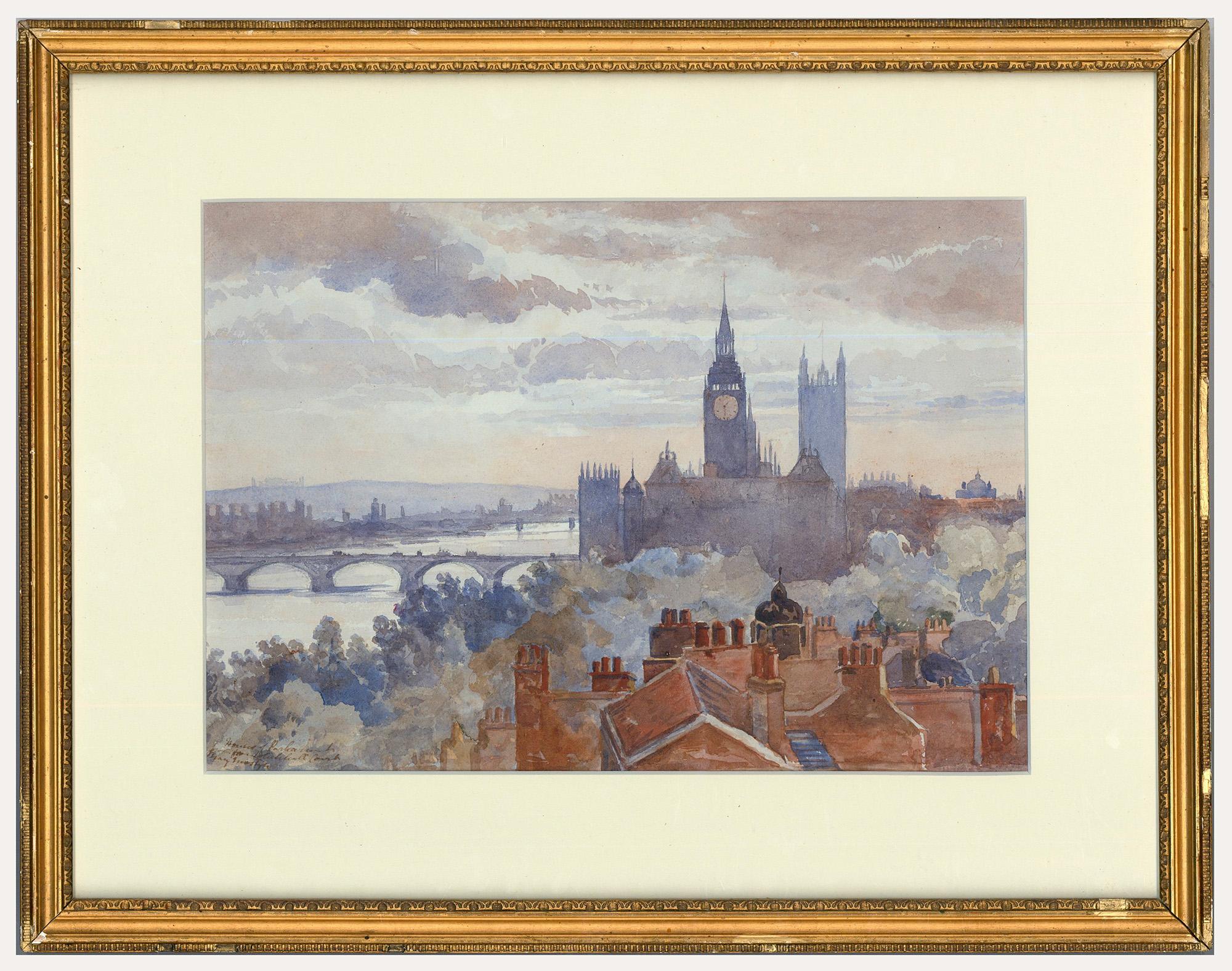 Landscape Art de Unknown - Acuarela de mediados del siglo XX - Casas del Parlamento desde Whitehall Court