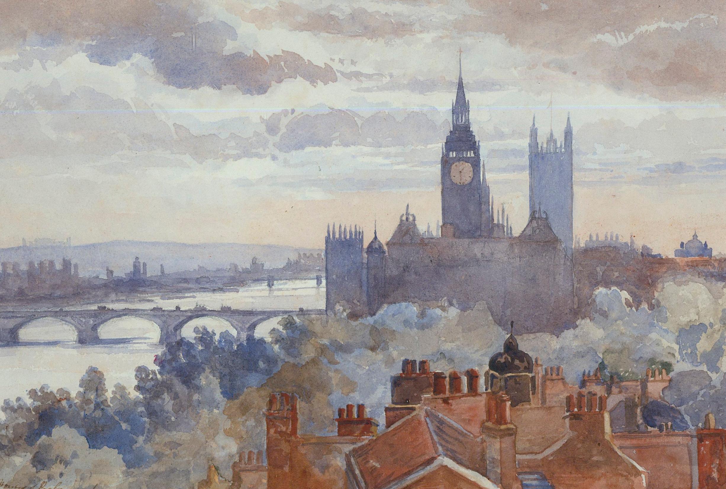 Mid 20th Century Watercolour - Houses of Parliament from Whitehall Court - Art by Unknown
