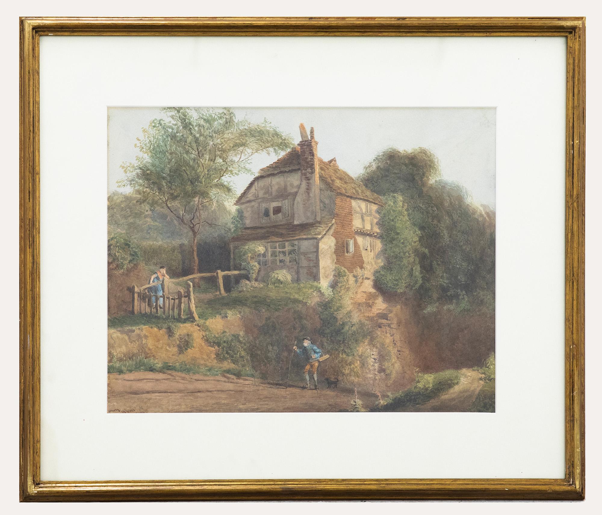 This humorous watercolour by Henry George Hine R.I (1811-1895), depicts an elderly gentleman returning home to his displeased wife. The gentleman looks jolly in his step before noticing his other half resting in frustration on the cottage fence.