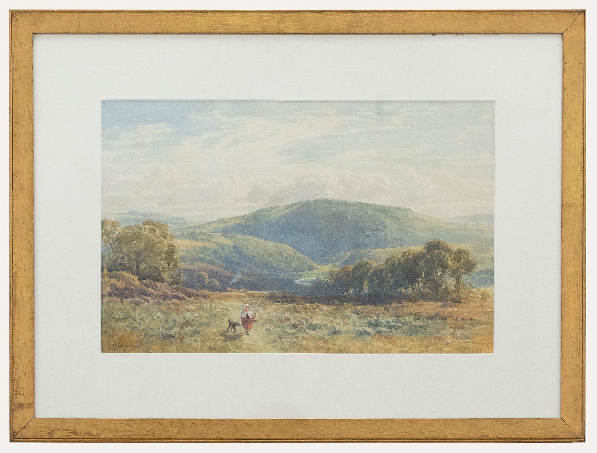 A delightful watercolour scene by the well listed English artist John Mogford RA (1821-1885). The Painting depicts a vast valley landscape with a female figure leaving for the day, accompanied by her dog. The lady's cottage can just be seen on the