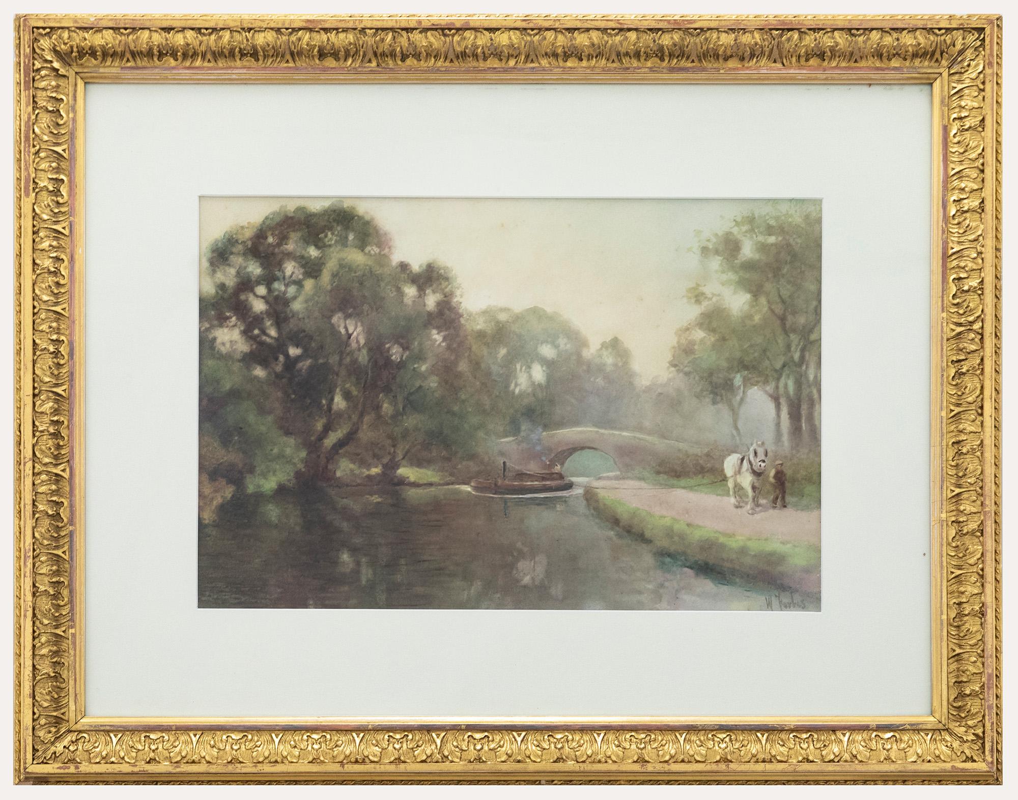 Unknown Landscape Art – Gerahmtes Aquarell des späten 19. Jahrhunderts – The Towing Path