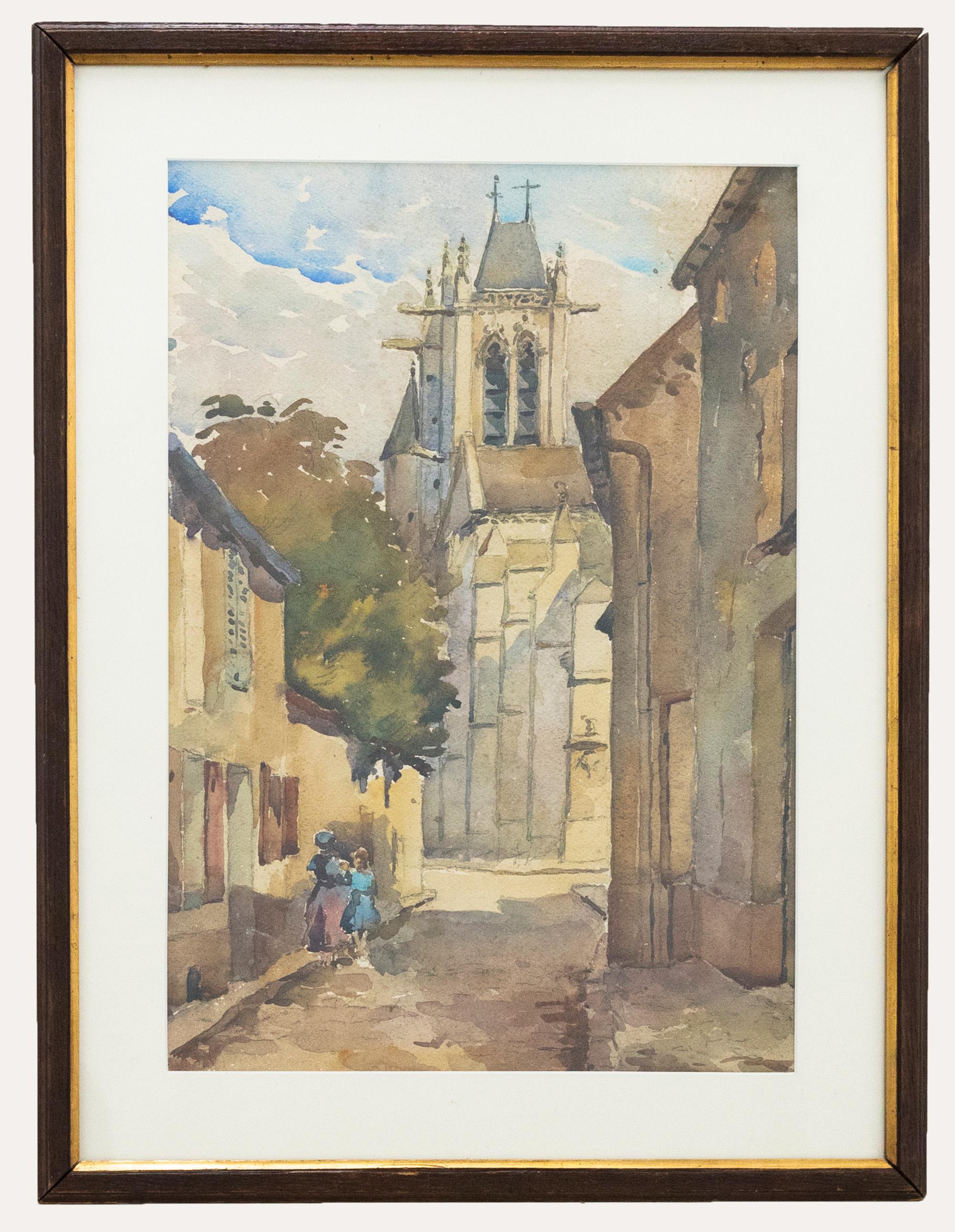 Unknown Landscape Art – Aquarell der Kontinentalen Schule des frühen 20. Jahrhunderts – Spaziergang in die Kirche