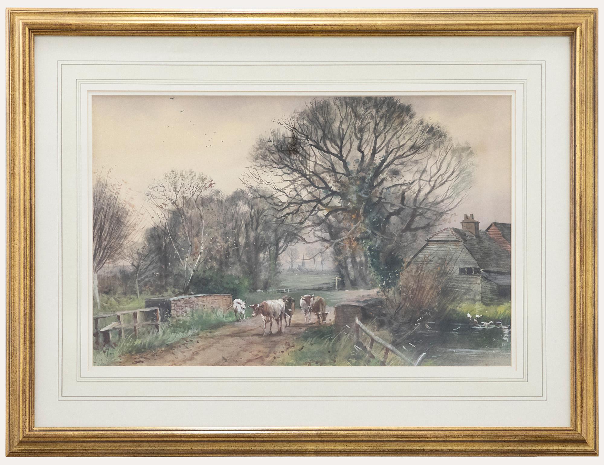 Unknown Landscape Art - Framed 20th Century Watercolour - Cattle Over the Brick Bridge