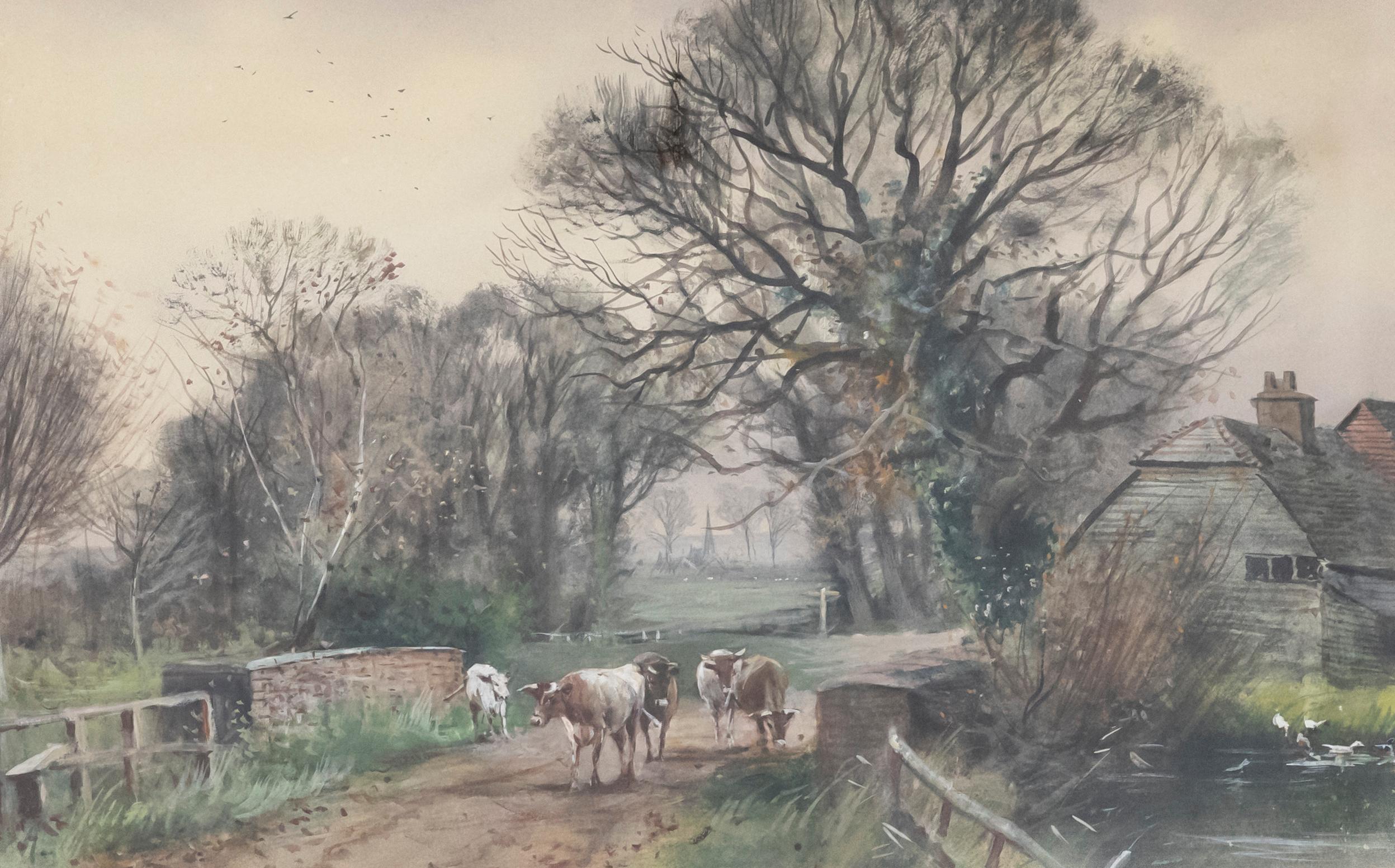 Framed 20th Century Watercolour - Cattle Over the Brick Bridge - Art by Unknown