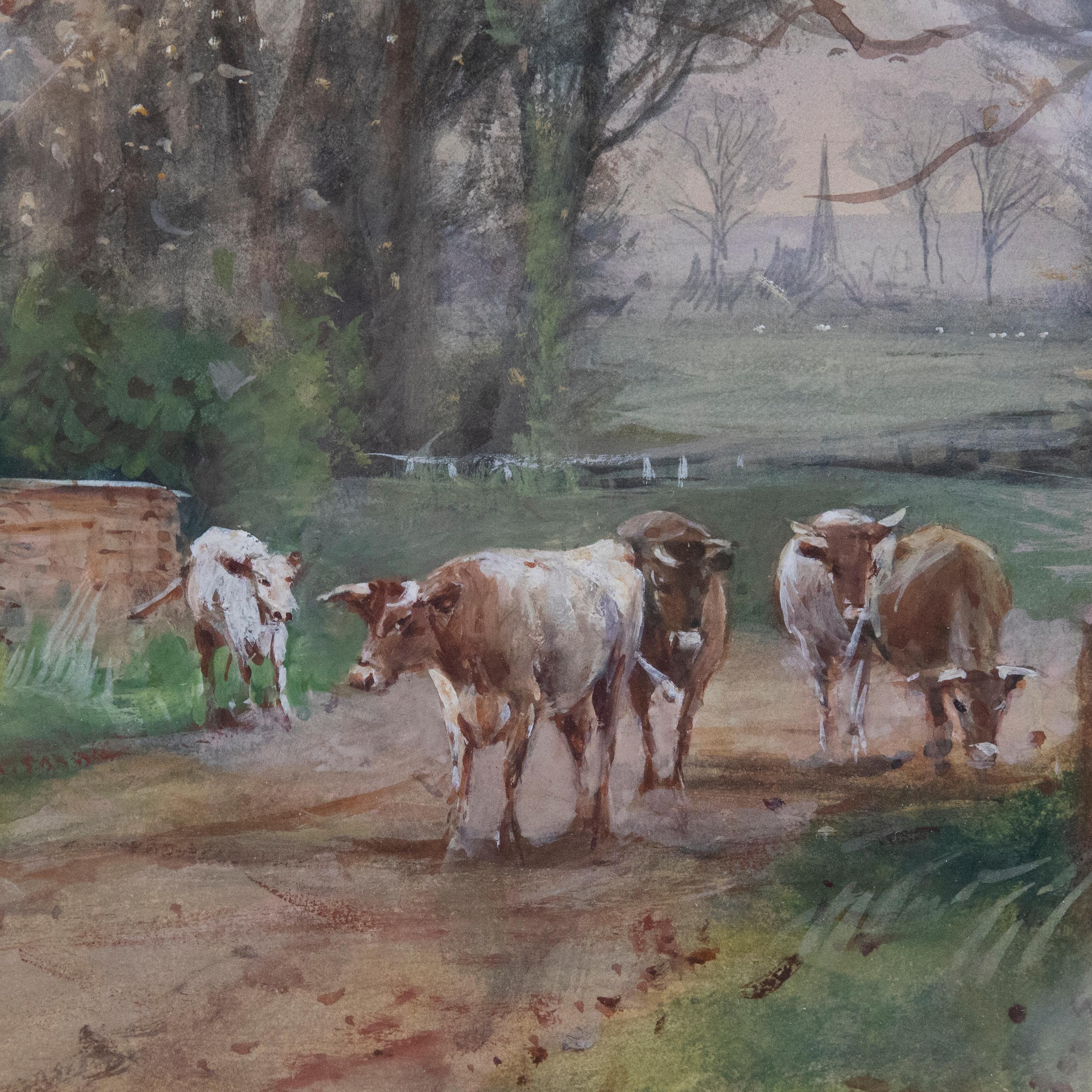 Framed 20th Century Watercolour - Cattle Over the Brick Bridge For Sale 1