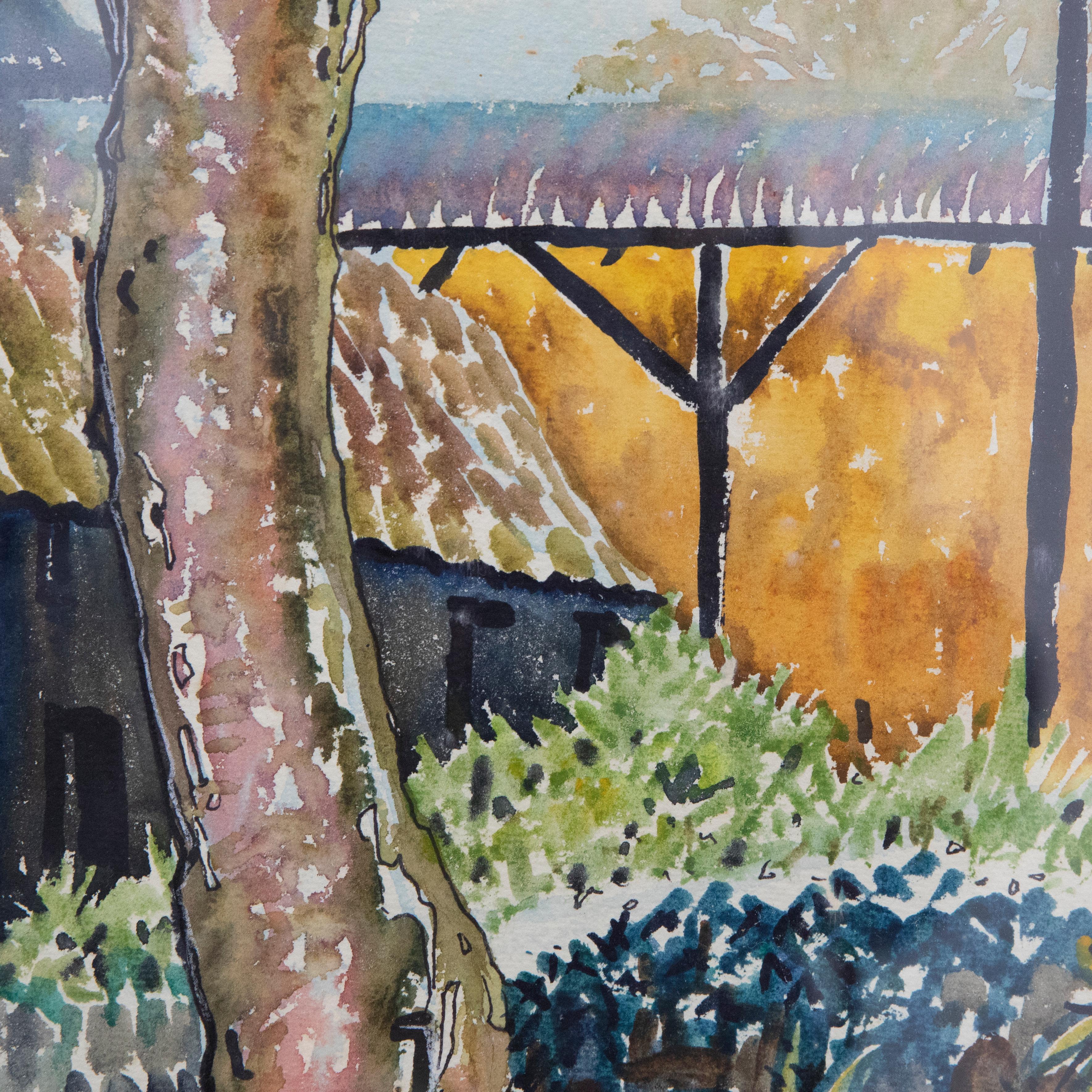 Une aquarelle originale de l'artiste cornouaillaise Elizabeth Rosemary Ziar. La scène représente une ferme rurale avec une grange hollandaise remplie à ras bord de bottes de paille. L'artiste a joué avec la composition, bordant certaines parties de