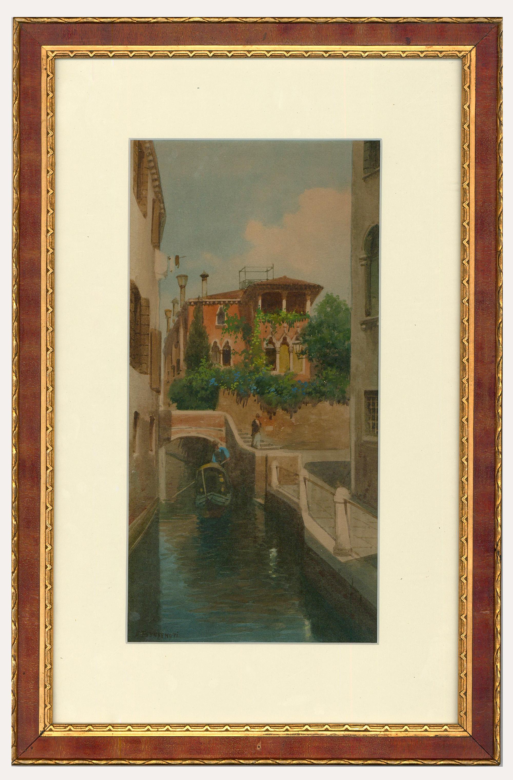 An accomplished watercolour by the well-listed Italian artist Eugenio Benvenuti. The scene depicts an evening view in Venice, with gondola travelling along the canal. Benvenuti's sensitive depiction of reflective water is typical of his work. The