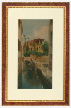 Eugenio Benvenuti (1881-1959) – Gerahmtes Aquarell, venezianischer Kanal mit Gondel