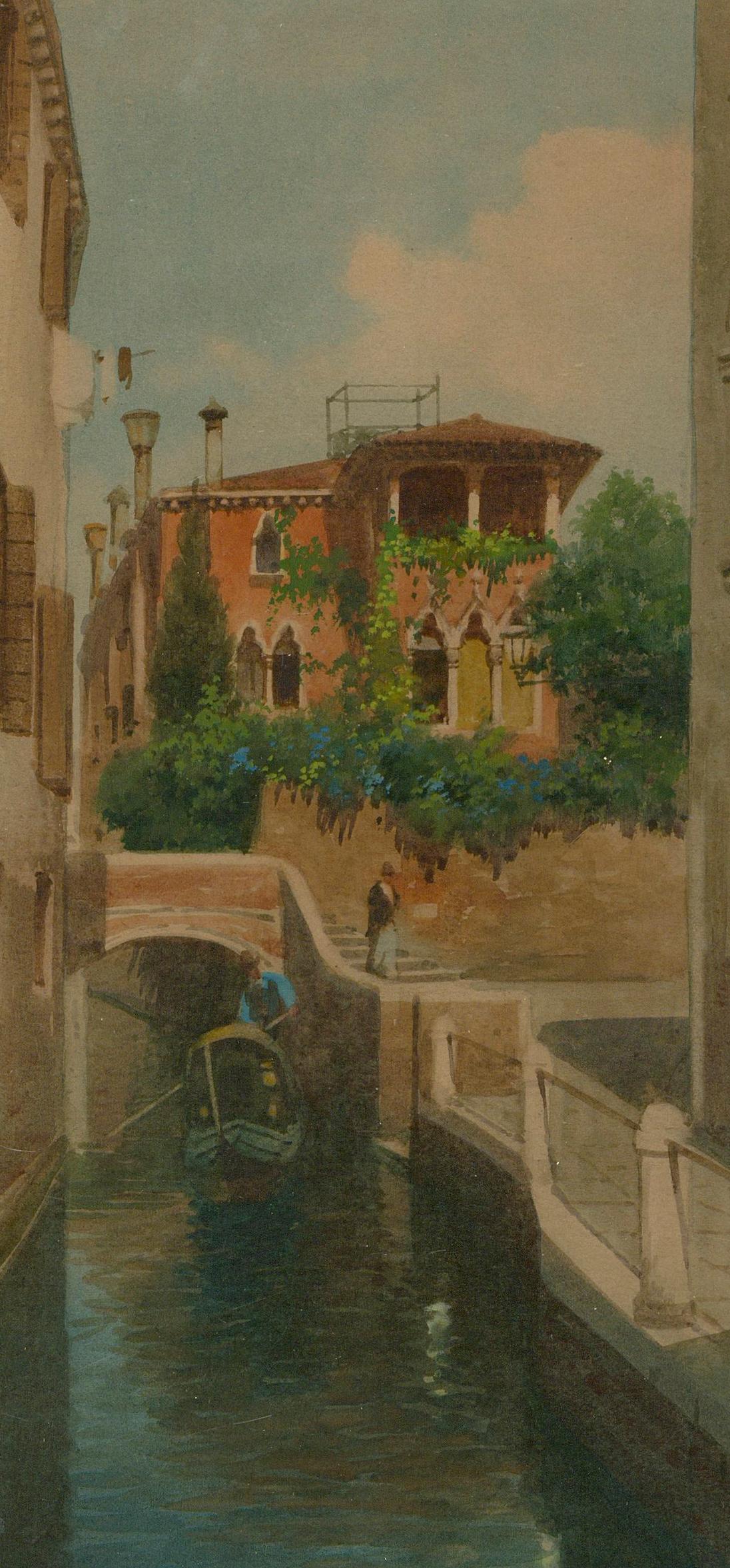 Eugenio Benvenuti (1881-1959) - Framed Watercolour, Venetian Canal with Gondola For Sale 1