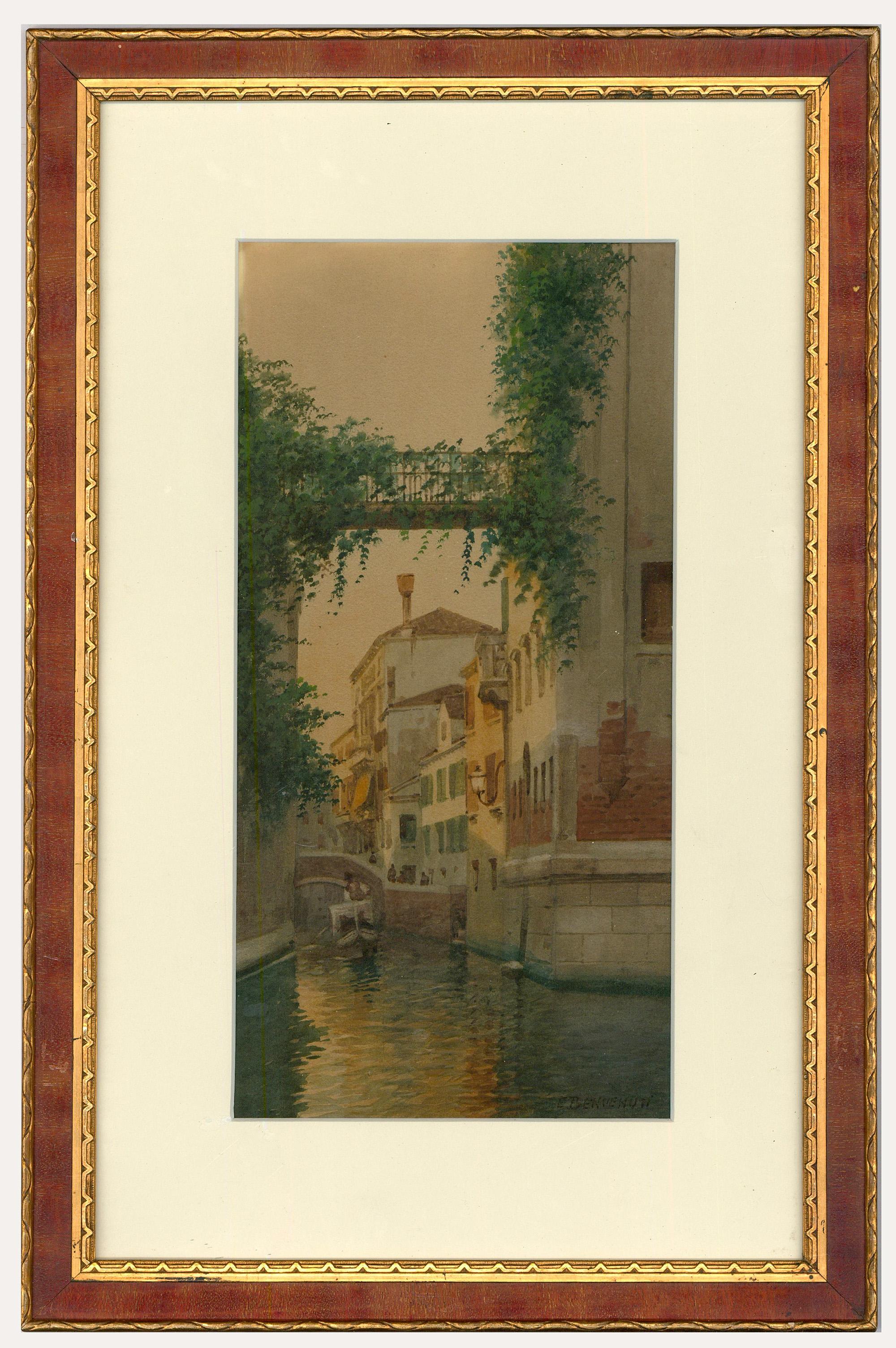 An accomplished watercolour by the well-listed Italian artist Eugenio Benvenuti. The scene depicts an evening view in Venice, with gondola travelling along the canal. Benvenuti's sensitive depiction of reflective water is typical of his work. The
