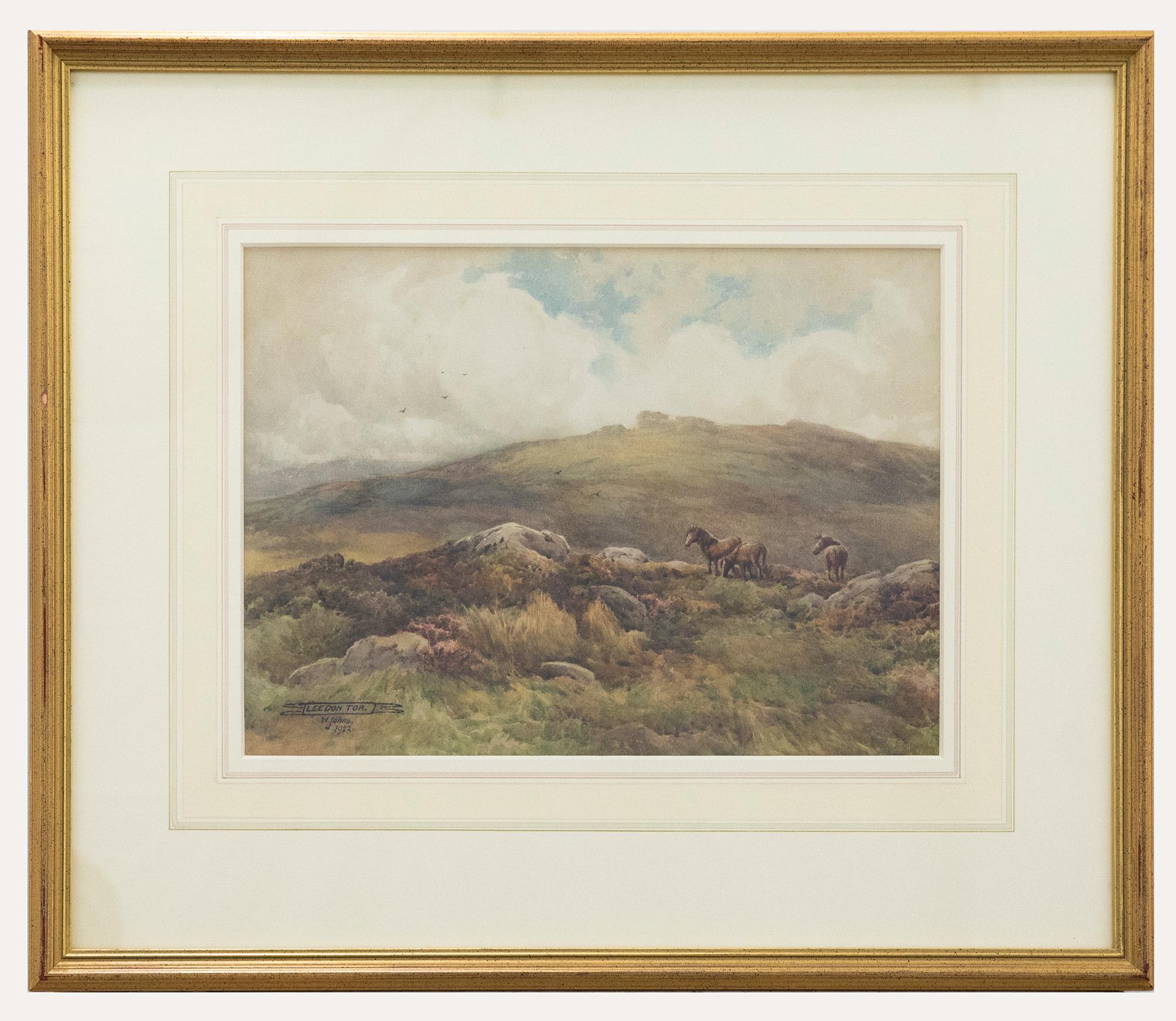 Unknown Landscape Art - W. Johns - Framed Early 20th Century Watercolour, Ponies on Leedon Tor