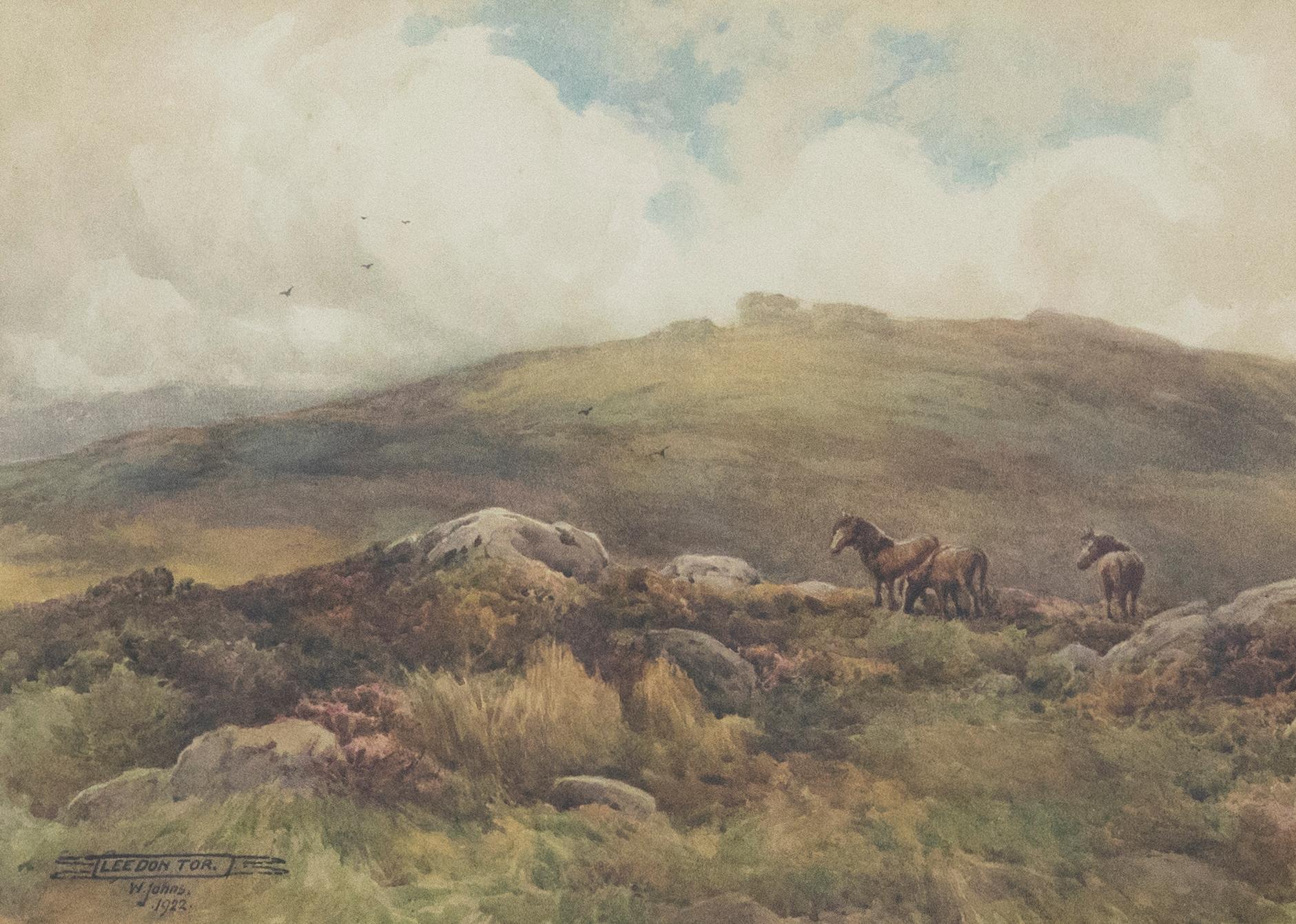 W. Johns - Framed Early 20th Century Watercolour, Ponies on Leedon Tor - Art by Unknown