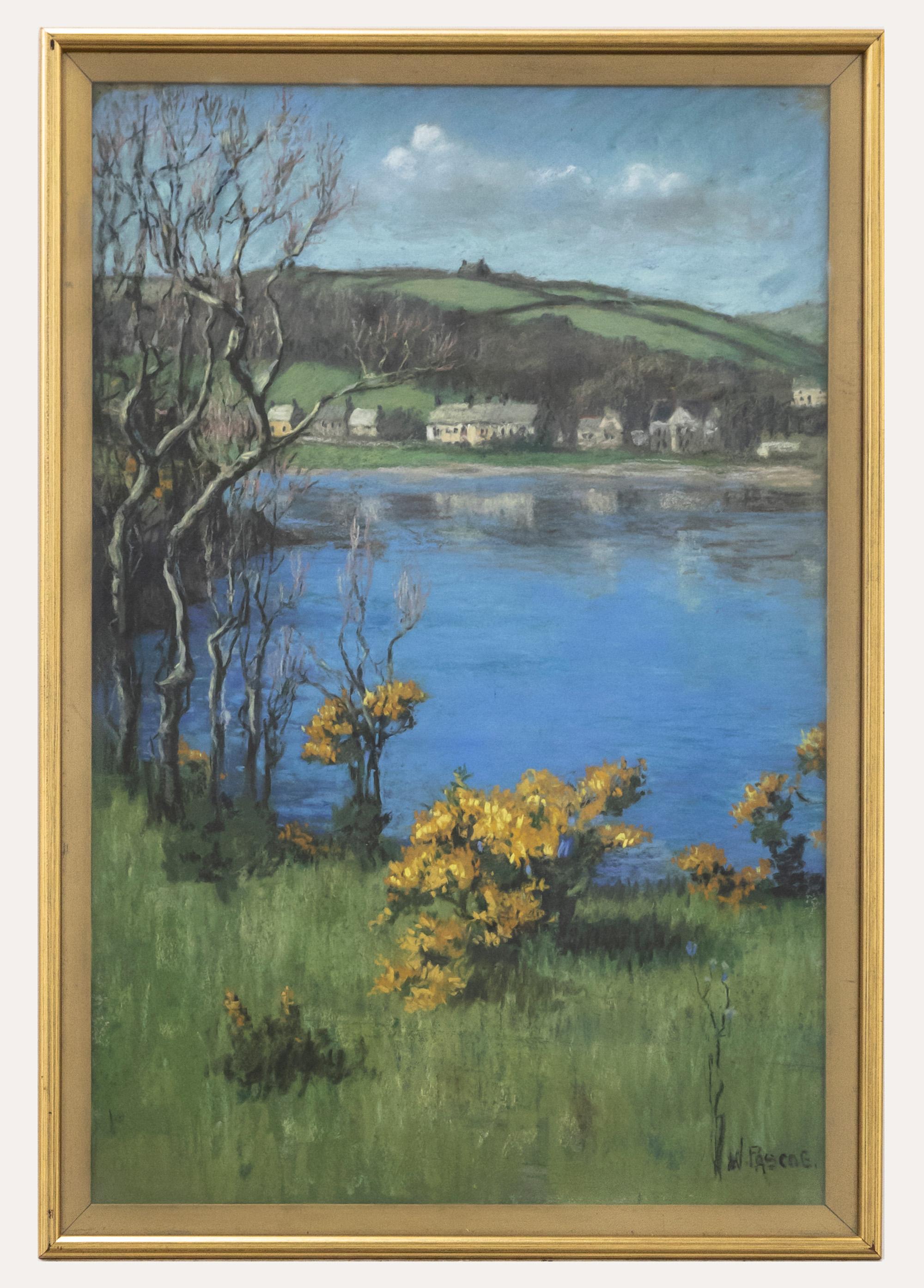 Unknown Landscape Art – Pascoe – gerahmtes pastellfarbenes Bauernhaus auf dem Wasser, 20. Jahrhundert