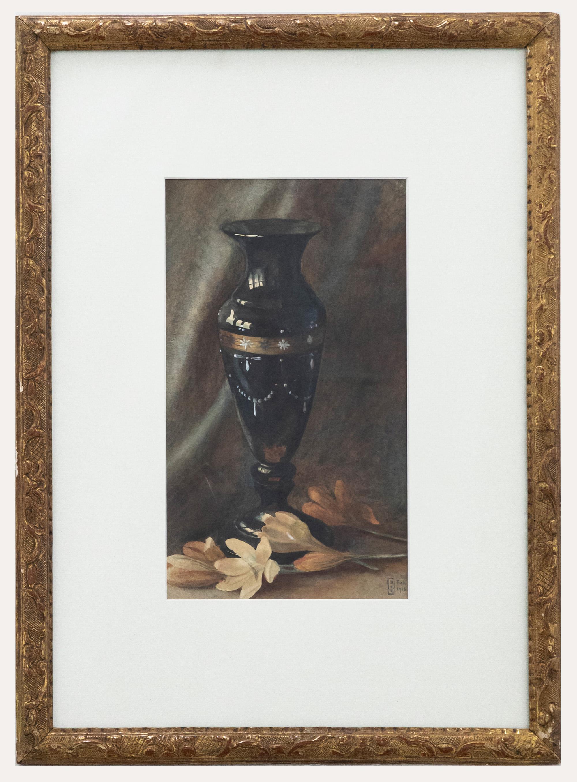 Unknown Still-Life - D.K.J - Framed Early 20th Century Watercolour, Lustre Vase with Crocus Flowers