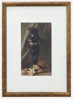 D.K.J. - Vase encadré aquarelle lustrée du début du 20e siècle avec fleurs de crocus