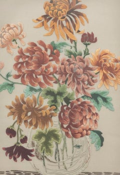 Framed 20th Century Crewel Embroidery - Chrysanthemums