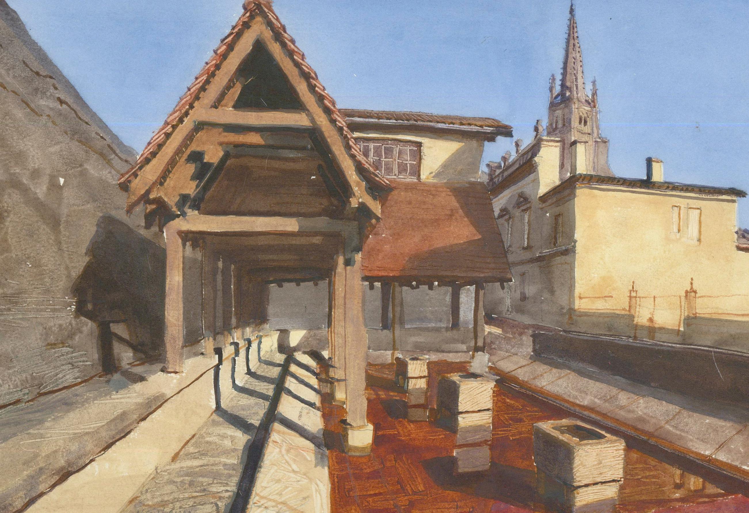 John Newberry (geb. 1934) - Gerahmtes Aquarell des 20. Jahrhunderts, Lavoir, Saint-Emilion 1