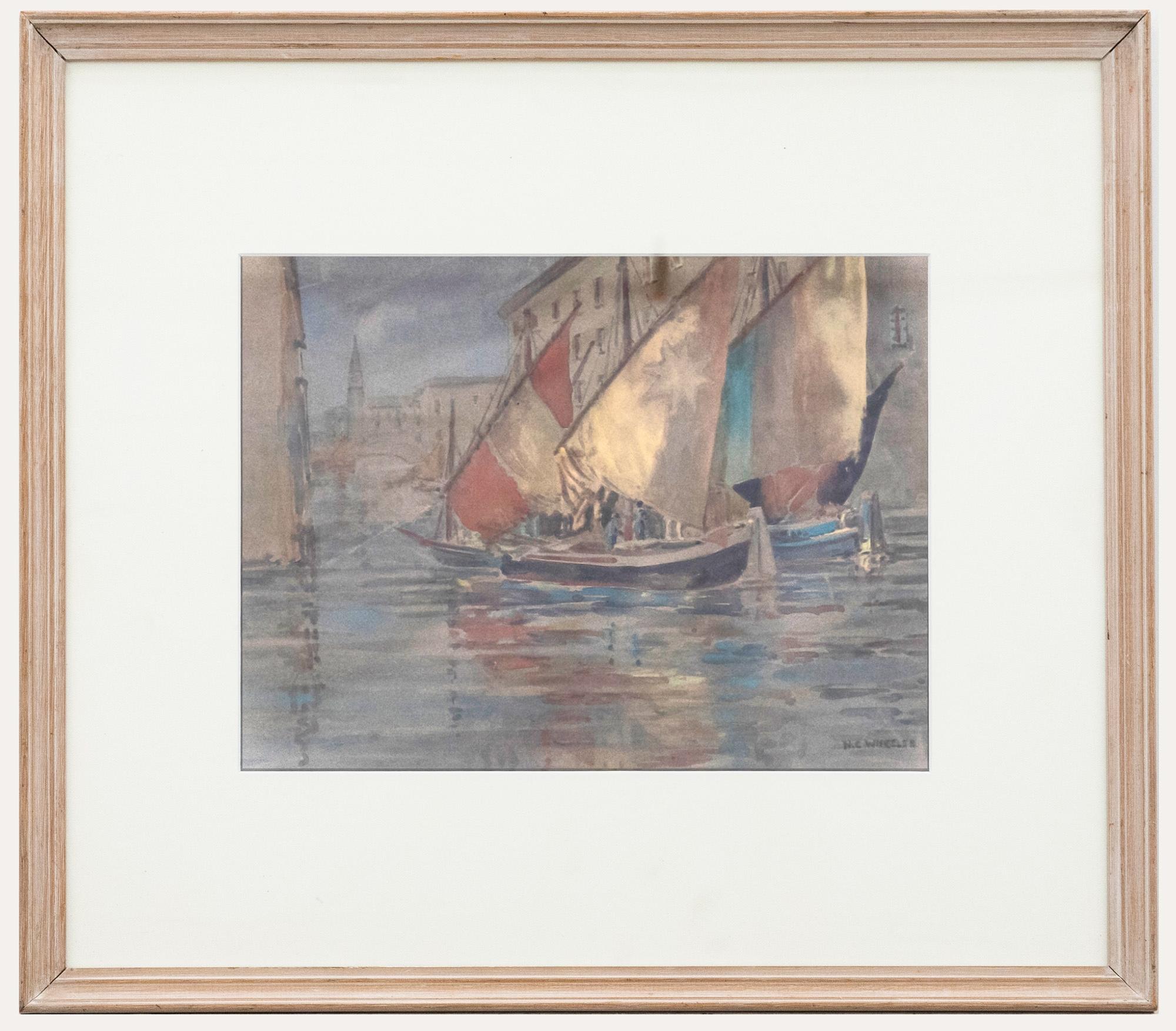 Unknown Landscape Art – Nora Wheeler – Gerahmtes Aquarell aus der Mitte des 20. Jahrhunderts, Fischenboote in Chioggia