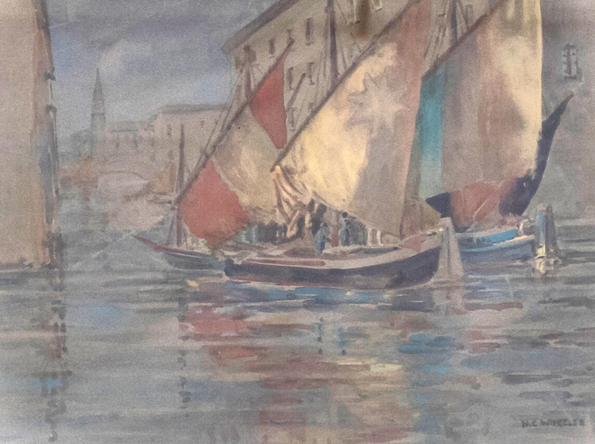Nora Wheeler – Gerahmtes Aquarell aus der Mitte des 20. Jahrhunderts, Fischenboote in Chioggia – Art von Unknown