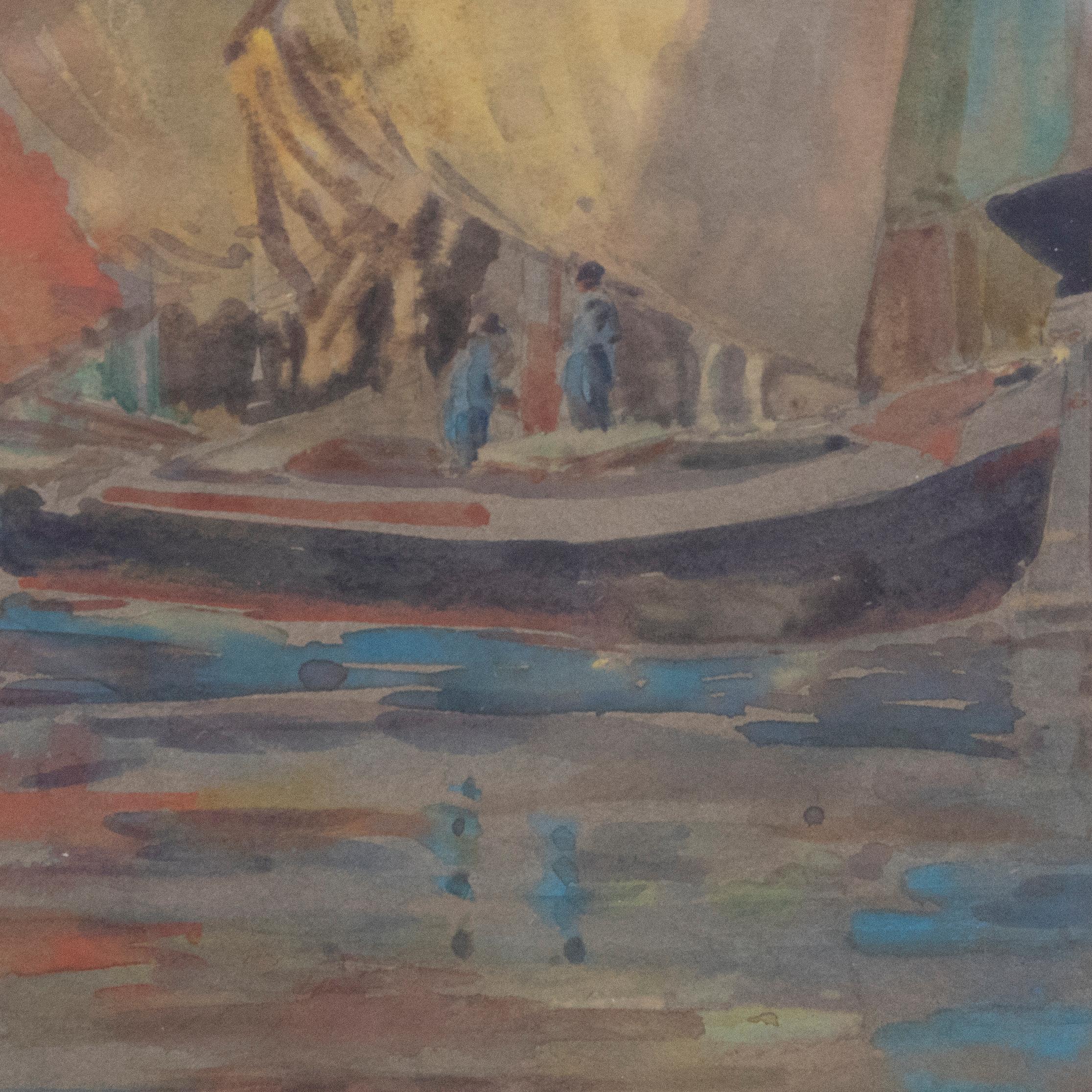 Nora Wheeler – Gerahmtes Aquarell aus der Mitte des 20. Jahrhunderts, Fischenboote in Chioggia im Angebot 1