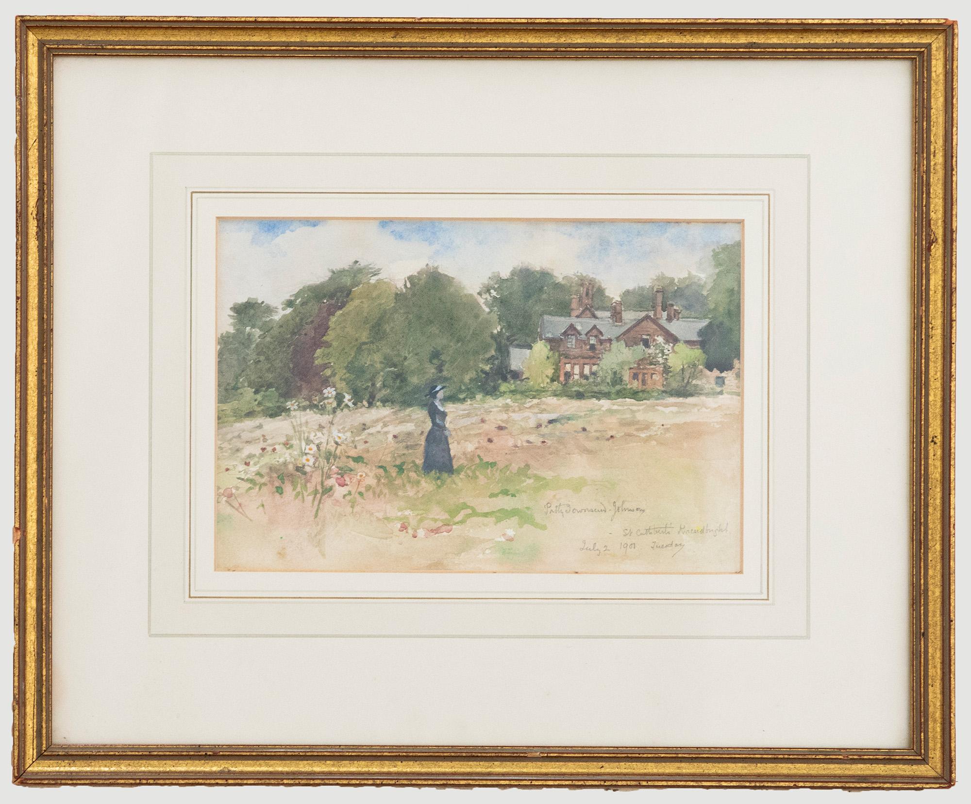 A delightful watercolour scene of a lady in black strolling the wild flower meadow at St Cuthbert's in Kirkcudbright. The watercolour has been signed, inscribed and dated by the artist to the lower right. Well presented in a beautiful wash line