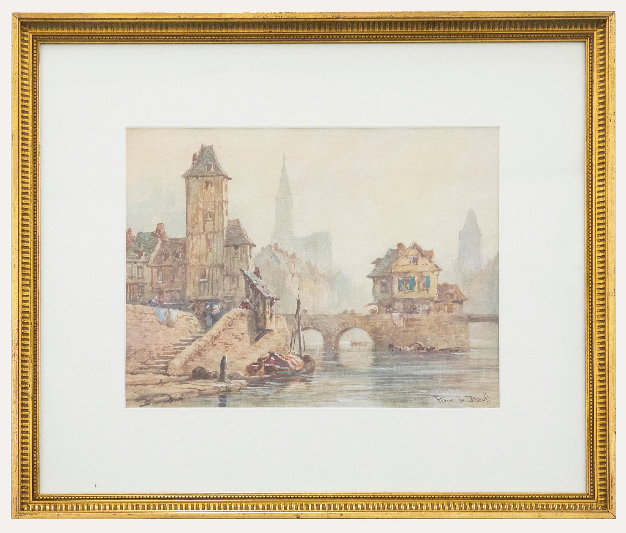 A delightful depiction of the French city of Anger with stone bridge crossing the River Maine. The architectural scene has been signed by the artist to the lower right. Well presented in an attractive gilt-effect frame with a new card mount.