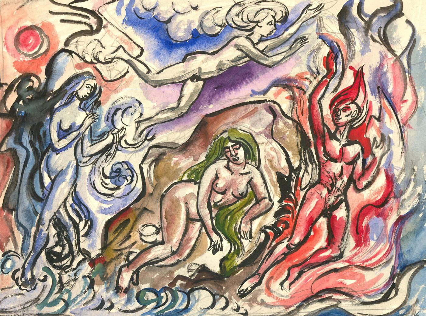 Nude Unknown - Helen Steinthal (1911-1991) - Aquarelle double face, vers les flammes