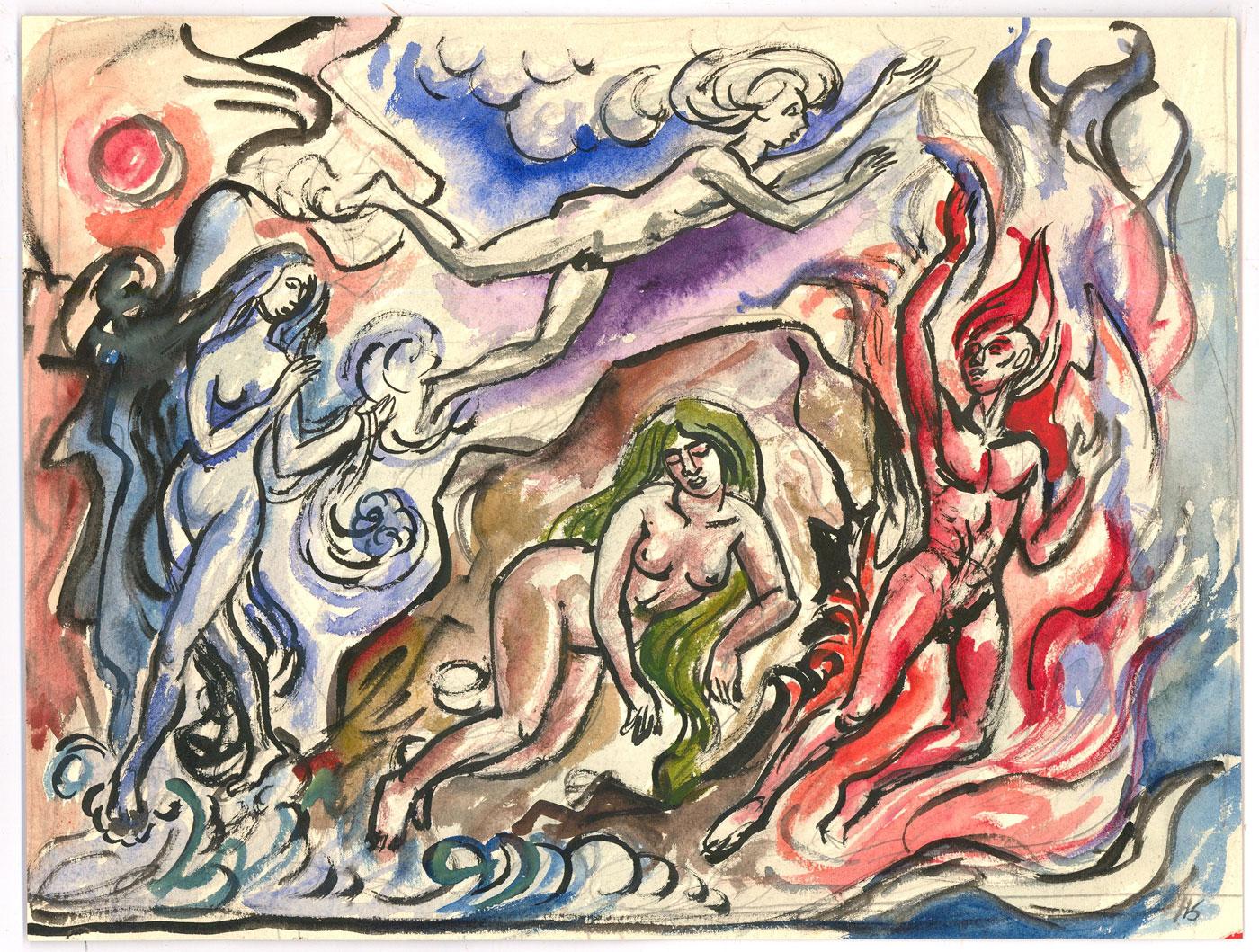 Helen Steinthal (1911-1991) – Zweiseitiges Aquarell, Towards the Flames – Art von Unknown