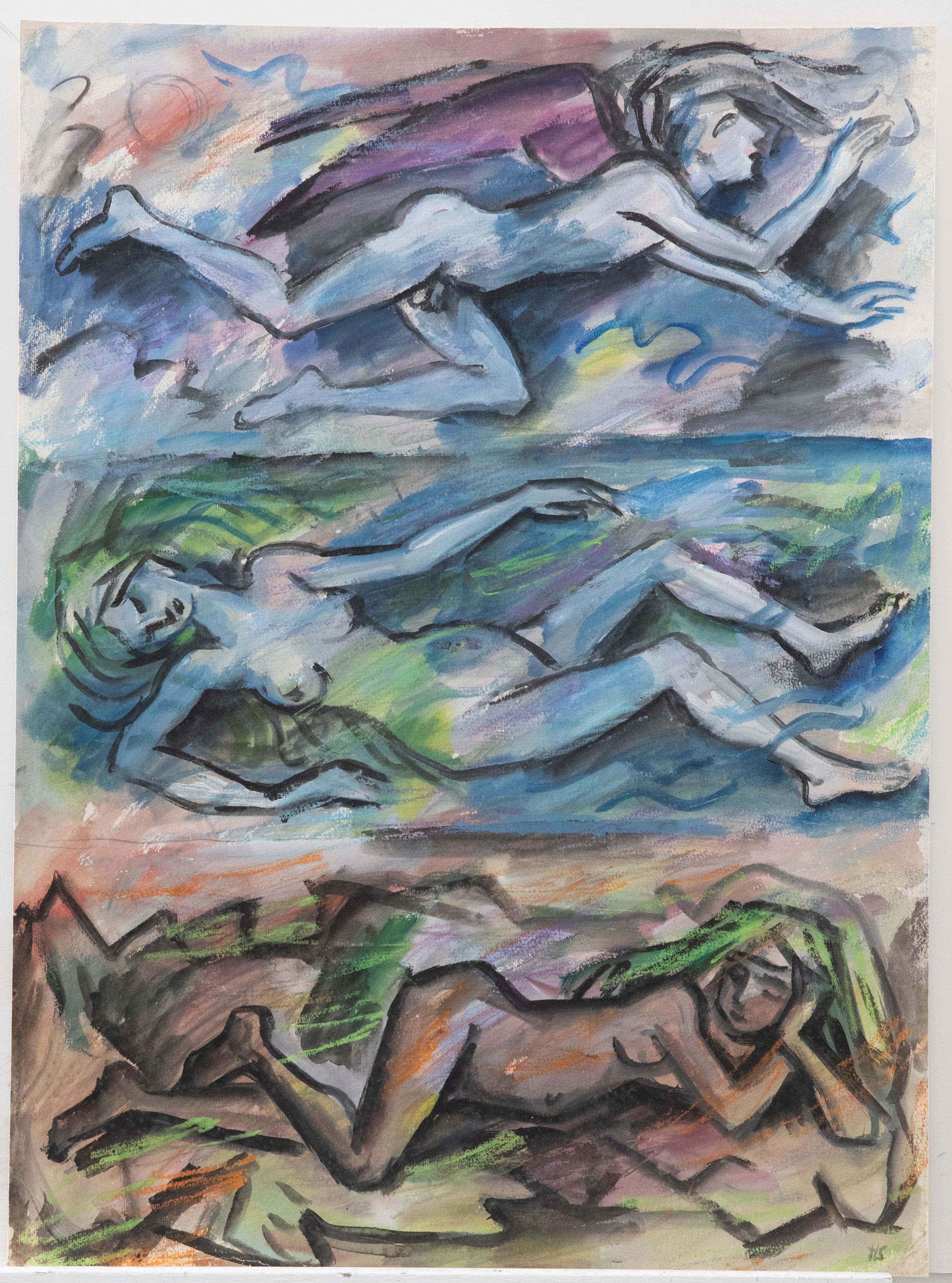 A charming watercolour study of three nude figures in different poses on background representing earth, sea and air. Signed to the lower right. On paper. 
