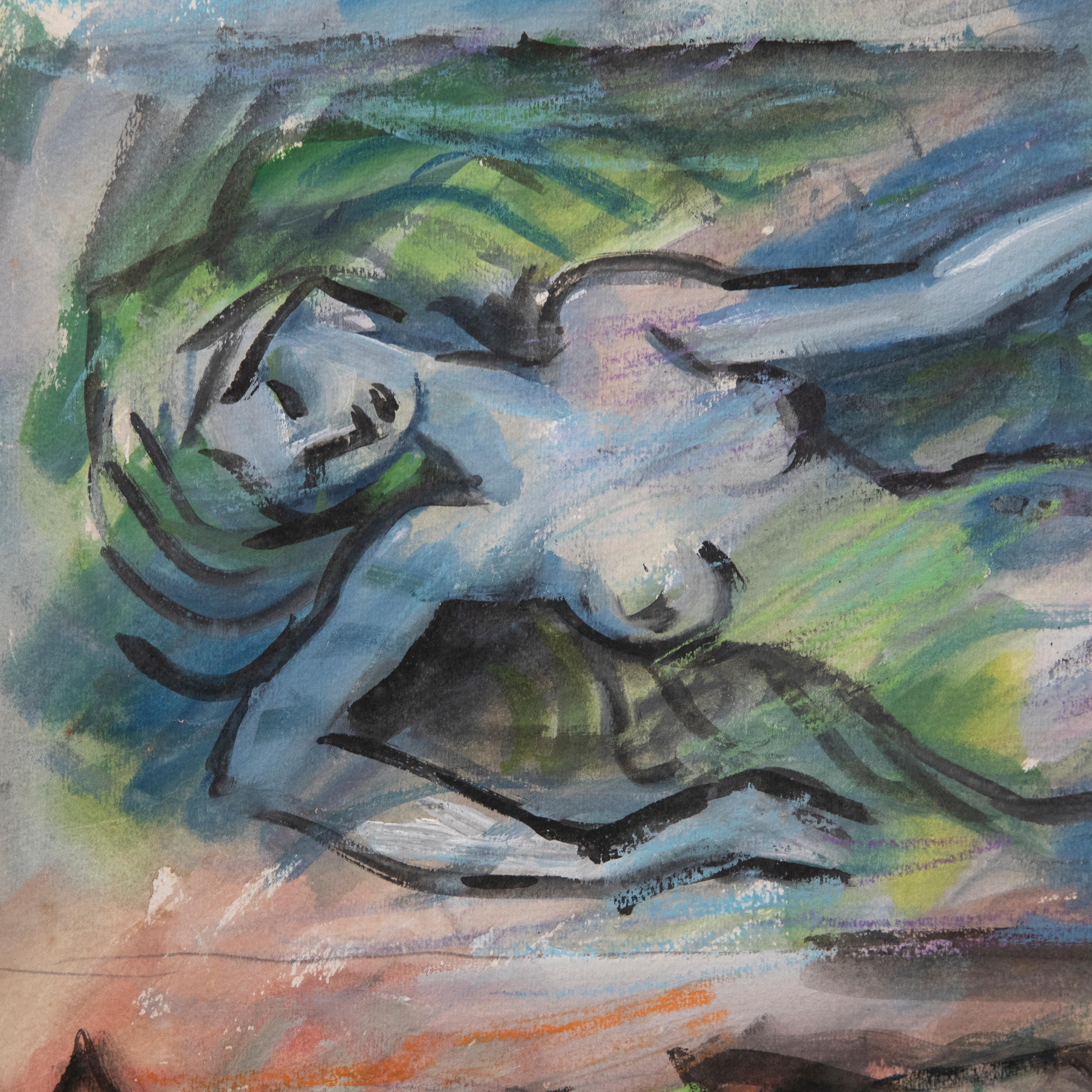 Eine charmante Aquarellstudie von drei nackten Figuren in verschiedenen Posen auf einem Hintergrund, der Erde, Meer und Luft darstellt. Signiert unten rechts. Auf dem Papier. 
