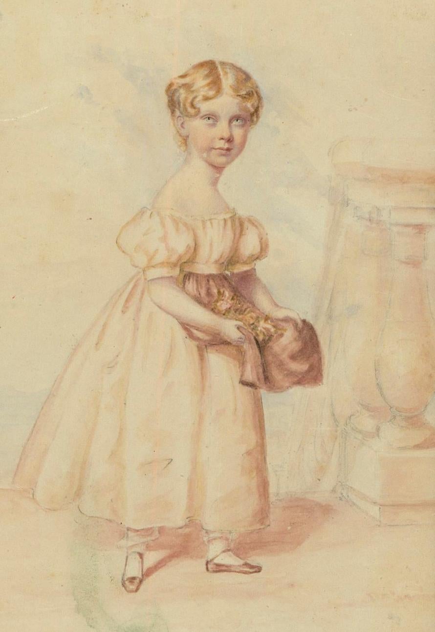 A delicate watercolour study of a young girl named to the reverse as Mary Elizabeth Price (1858-1917). She carries a selection of flowers in her apron and wears a pretty pale pink dress. Label fixed to the reverse gives details of the sitter and is