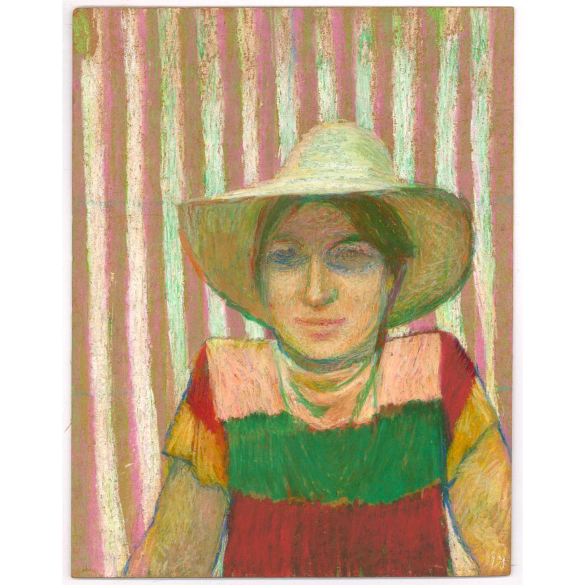 Ewart Johns (1923-2013) - 1985 Oil Pastel, Gwen in Cream Straw Hat 1