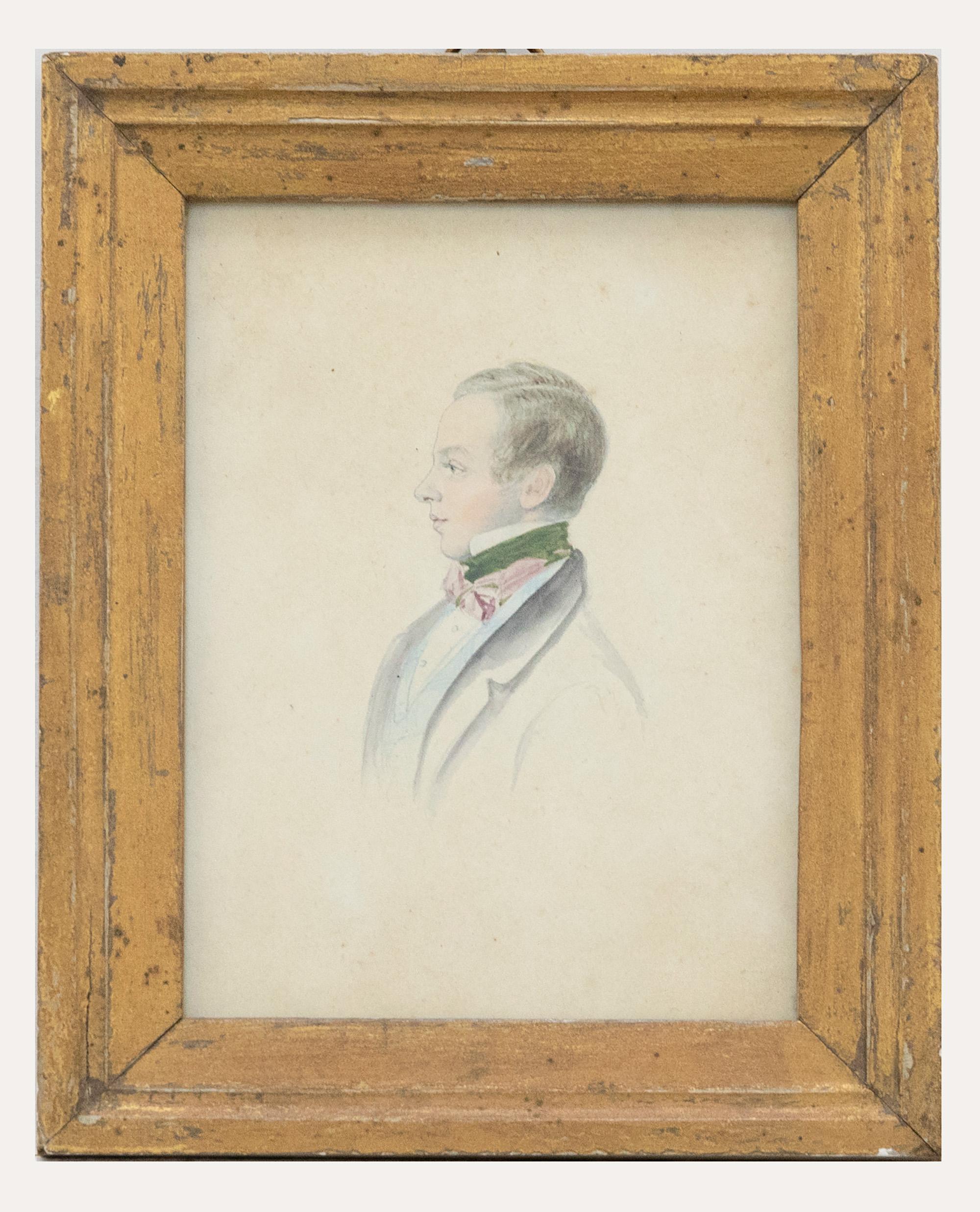 Unknown Portrait – Aquarellgemälde des 19. Jahrhunderts – Mann in einem grünen Kravat