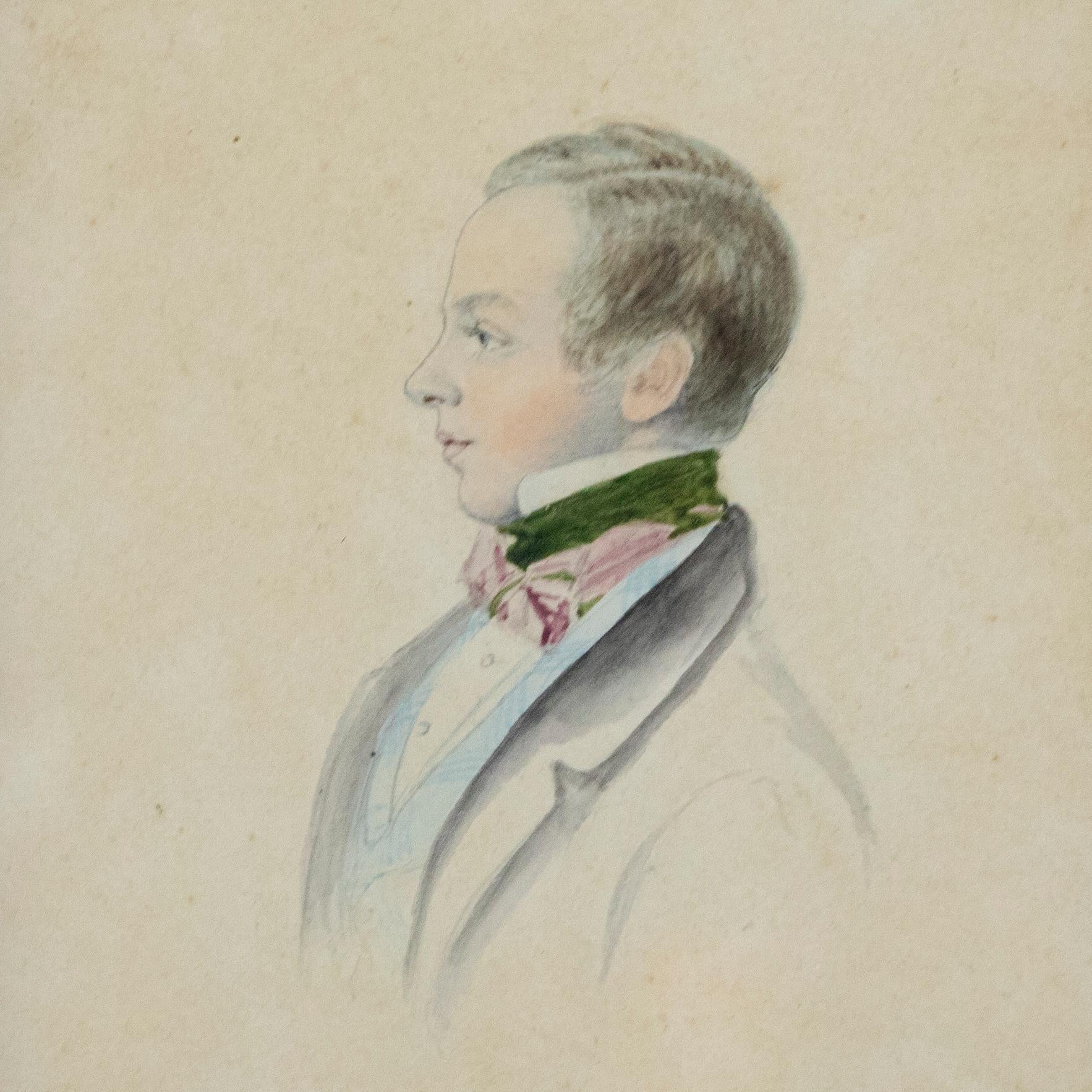19th Century Watercolour - Man In A Green Cravat For Sale 1