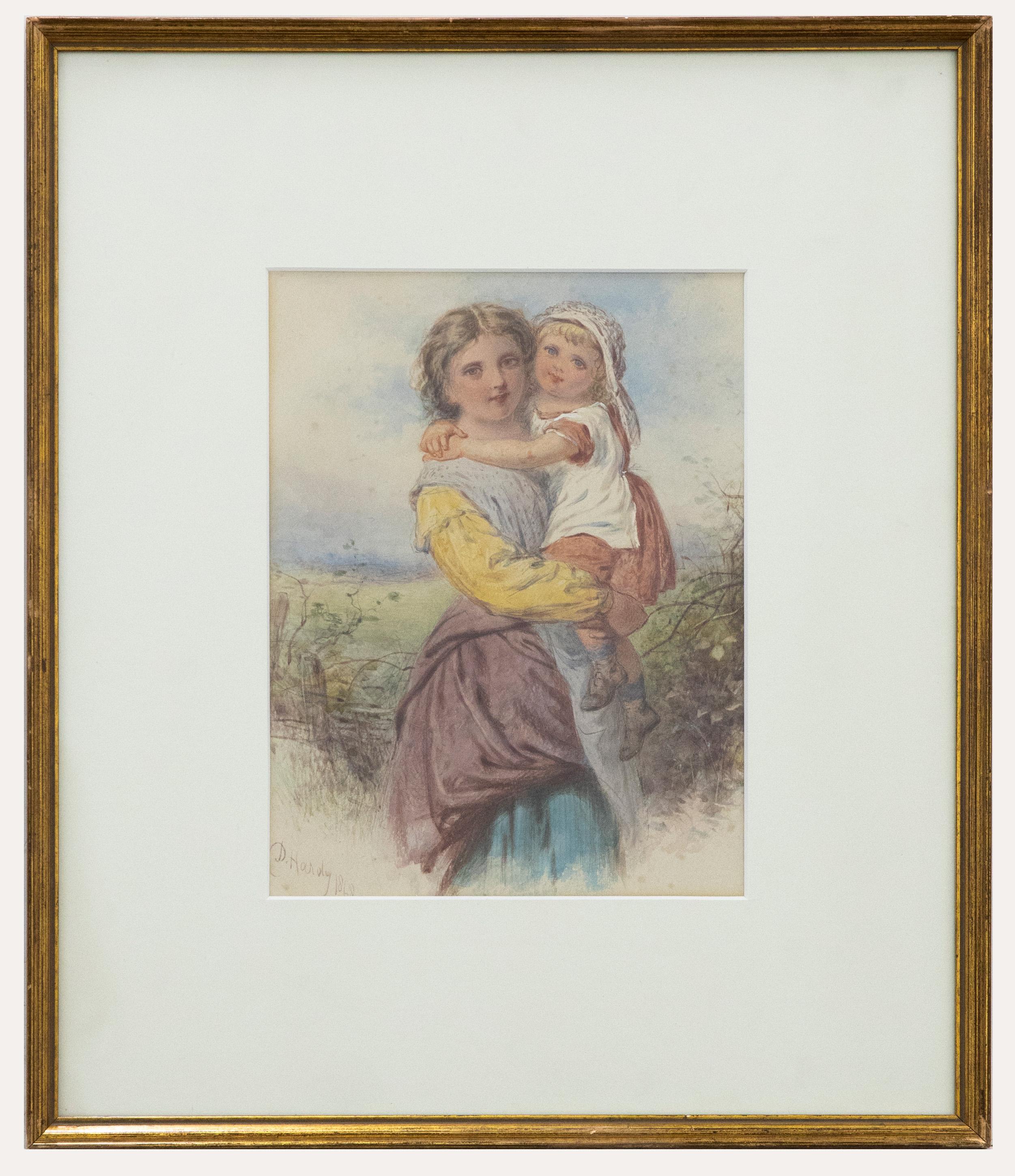 Ein charmantes Aquarell aus dem 19. Jahrhundert, das eine ältere Schwester zeigt, die ihre jüngere Schwester in den Armen hält, während sich die beiden mit einem sanften Lächeln umarmen. Der Künstler hat in der linken unteren Ecke signiert und