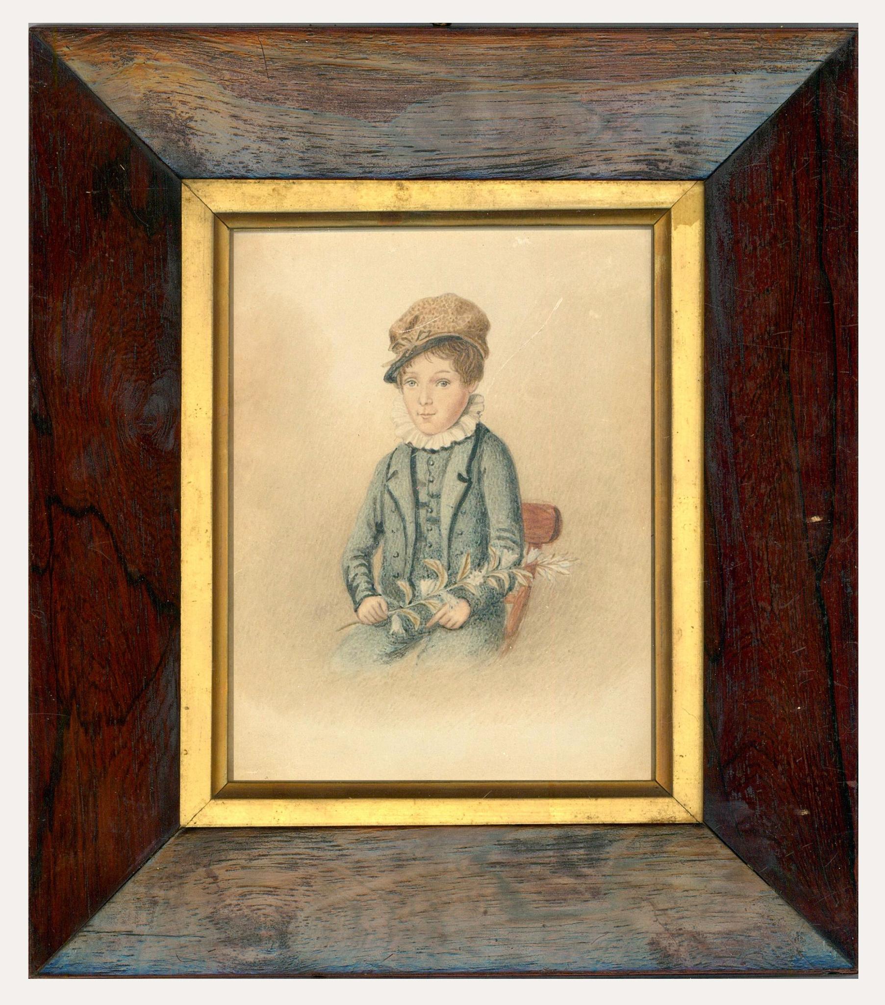 Unknown Portrait – 1834 Aquarell - Kleiner Junge, der eine Blume hält