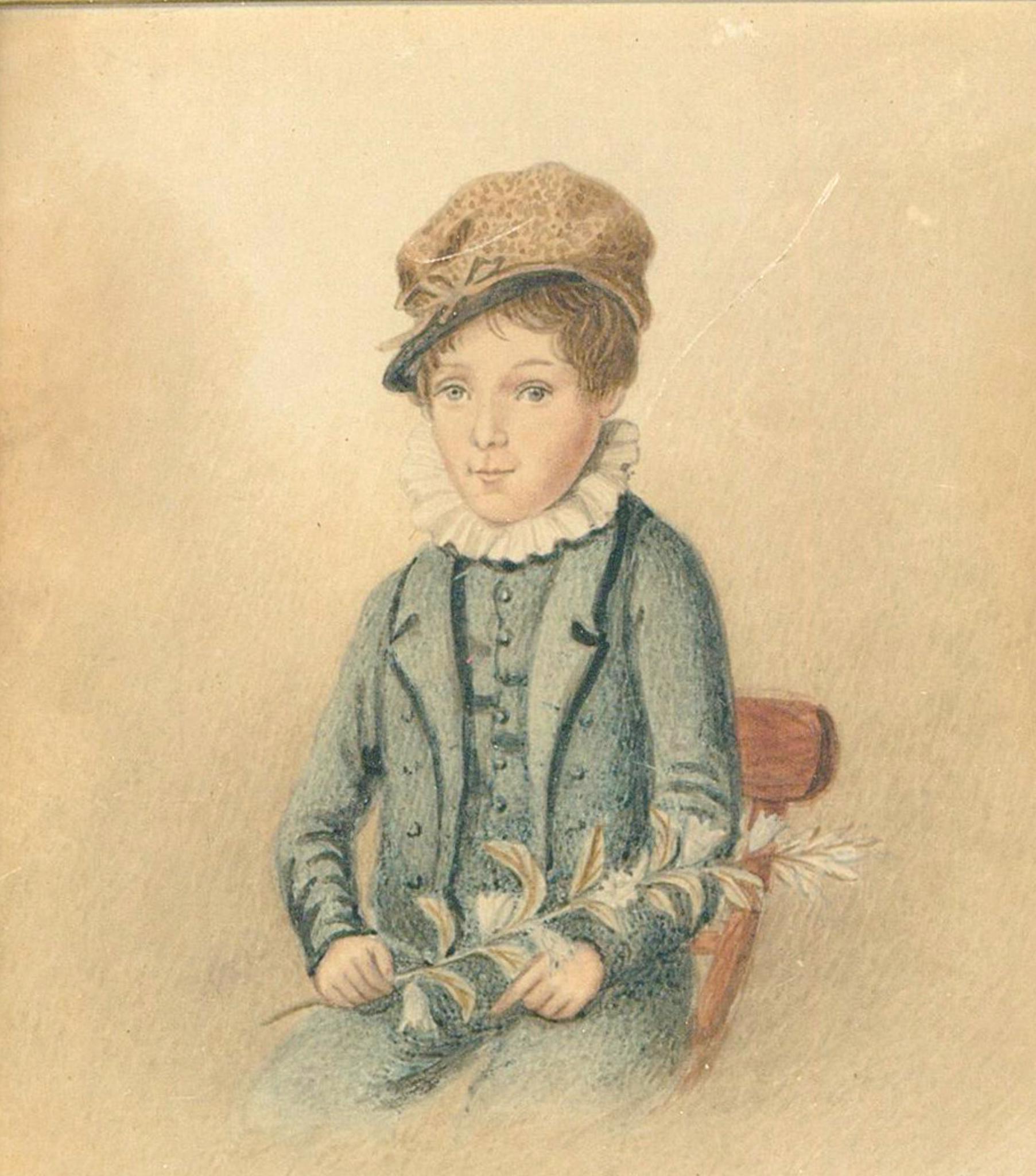 1834 Aquarell - Kleiner Junge, der eine Blume hält – Art von Unknown