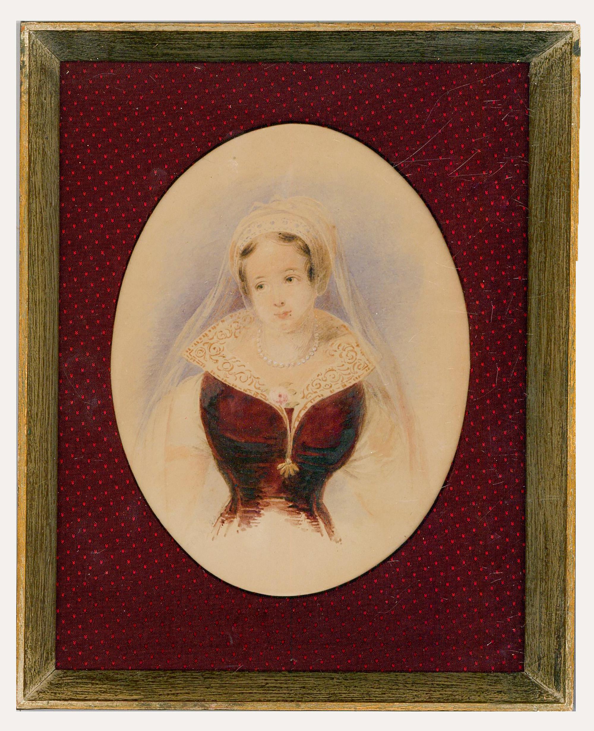 A fine and delicate watercolour portrait of a beautiful young woman in a Tudor style dress with elaborate lace fan collar. The artist has signed to the lower left (this has faded significantly with age, however, Sulis Fine Art acquired this piece
