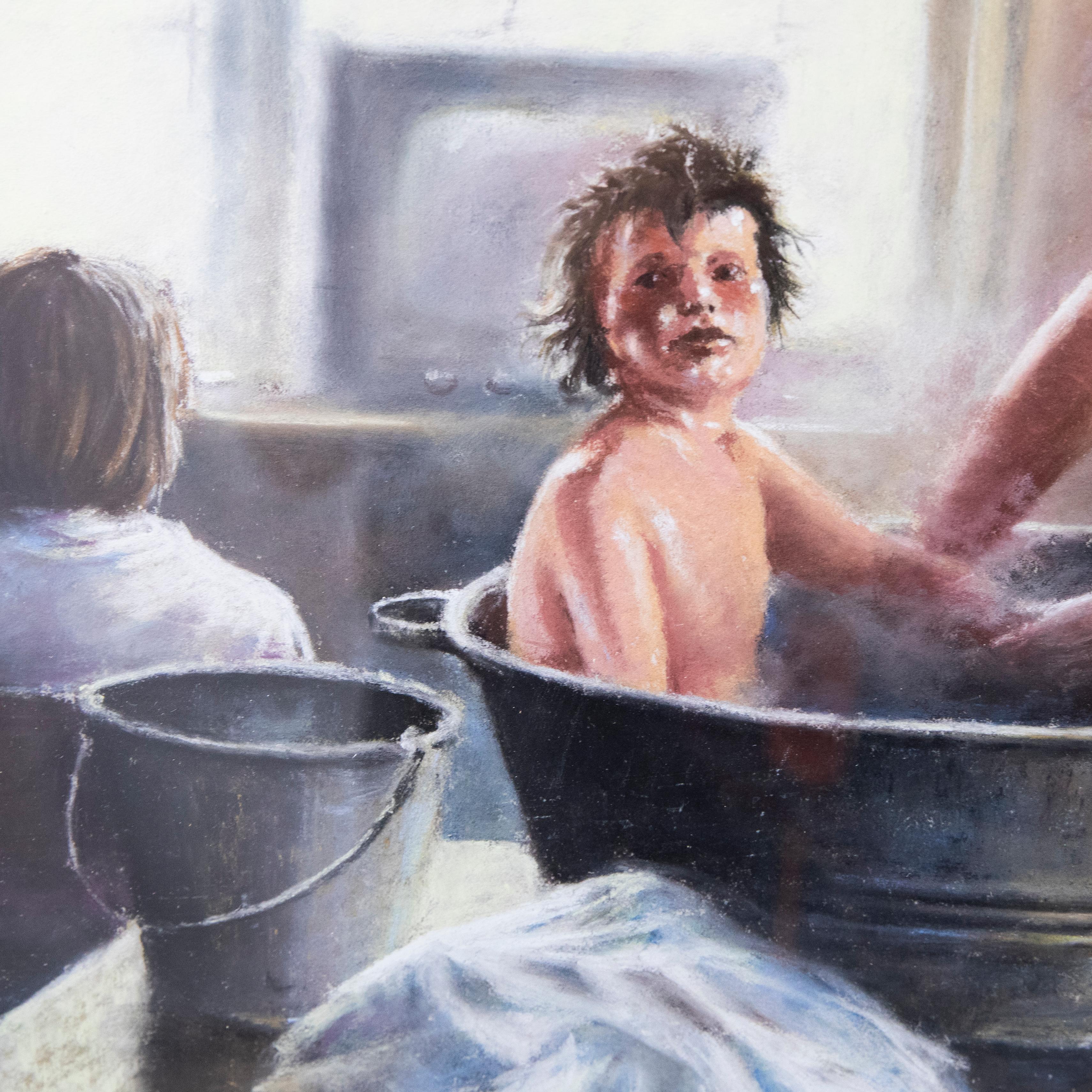 A charming pastel study depicting a child being bathed in a Victorian tin tub. The simple interior features a pulley maid full with hanging laundry and a large window that lets lights fall into the room. Signed and dated to the lower left. Presented