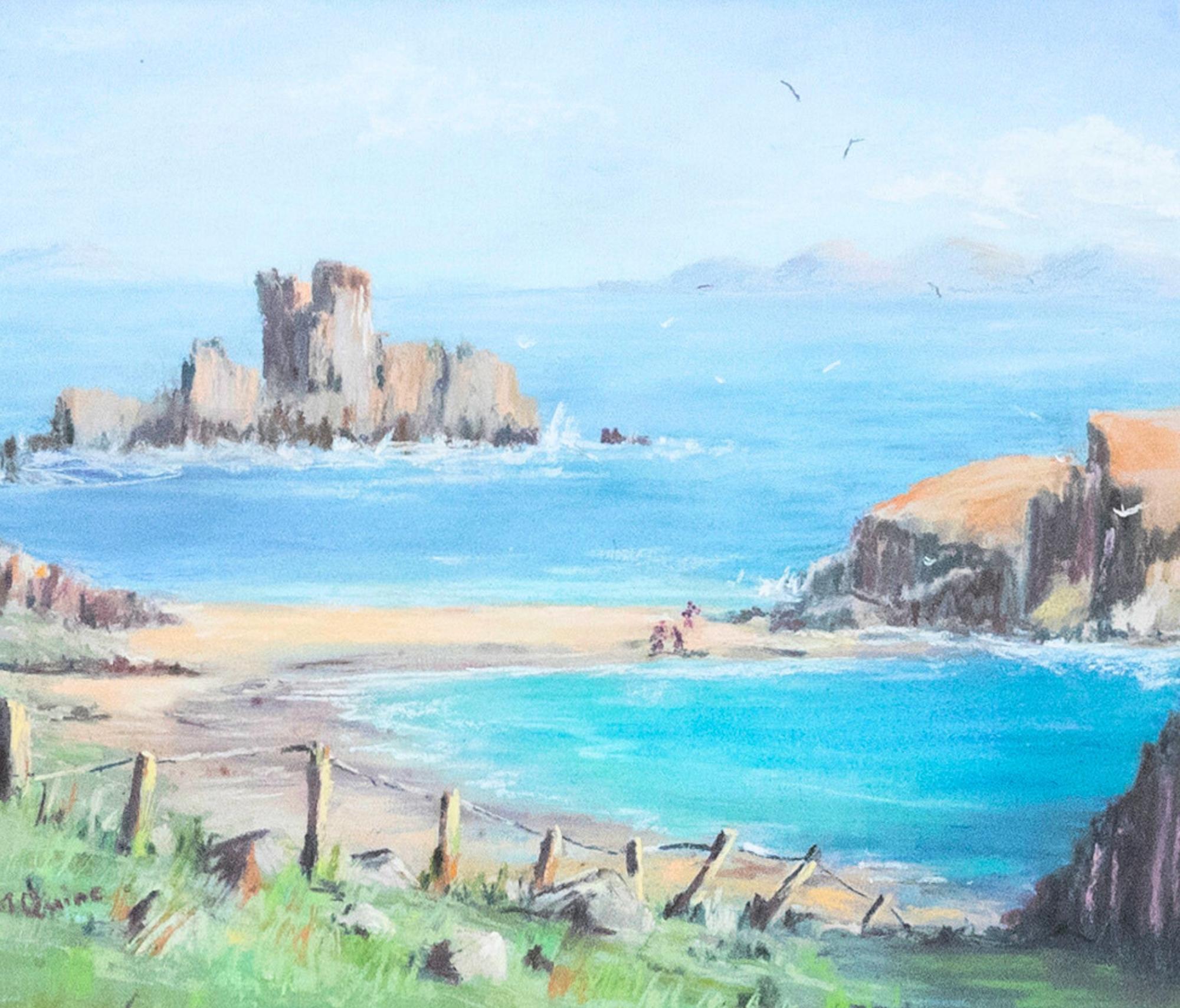 This calming pastel captures a distant view of the isles of Jura from a coastal spot on the Isle of Mull. Beautifully presented in a narrow wood frame with a new card mount. Signed. On paper.
