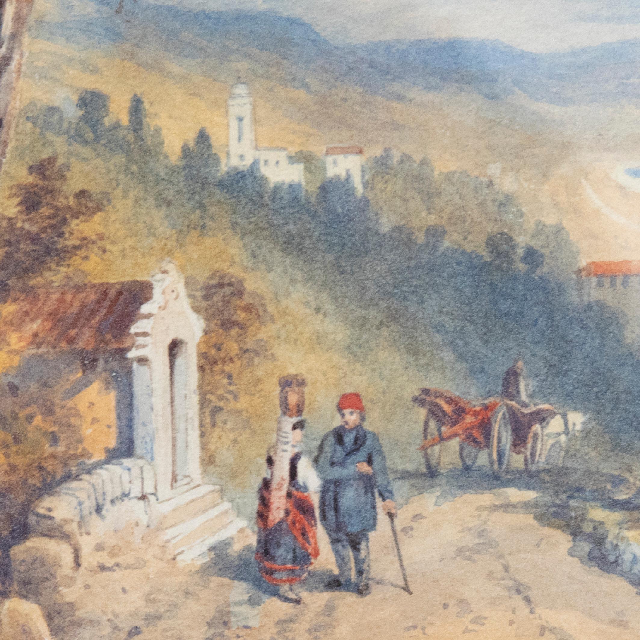 A delightful 19th century watercolour depicting the Bay of Naples with figures conversing on a coastal path. The scene has been painted in fine detail with vibrant colour and a careful hand. Beautifully mounted in a gilt-effect frame. Unsigned. On