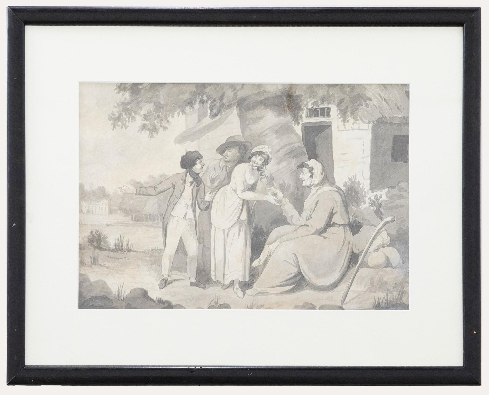 Unknown Figurative Art - Framed 19th Century Watercolour - Conversing by the Cottage