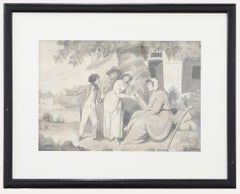 Framed 19th Century Watercolour - Conversing by the Cottage