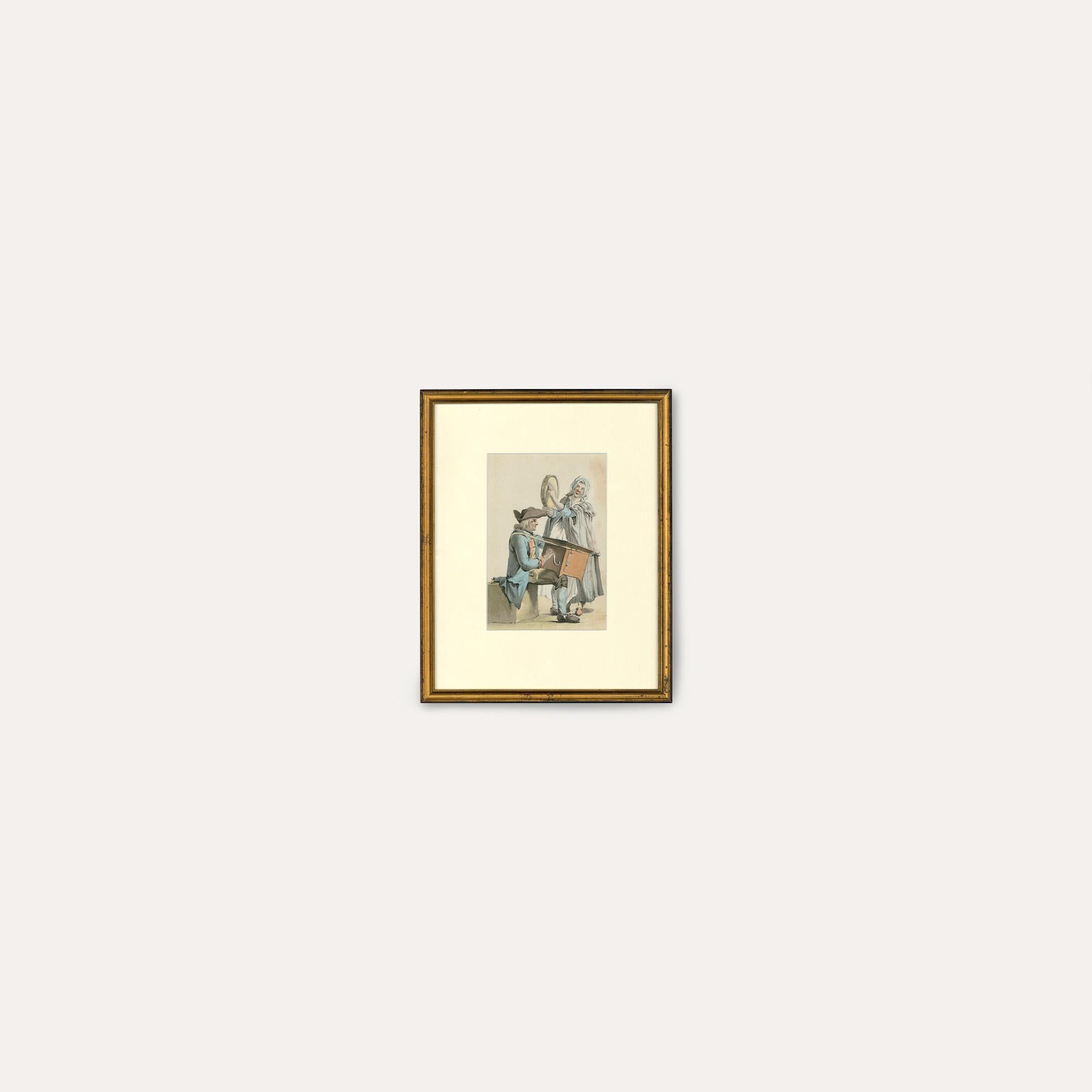 Un delizioso schizzo ad acquerello di due musicisti di strada itineranti nello stile dell'artista del XVIII secolo David Allan. Ben presentato in una semplice cornice con effetto dorato. Senza segno. Su carta vergata.
