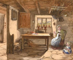 David Hardy (fl.1835-1870) - Aquarelle, intérieur d'un cottage avec mère et enfant