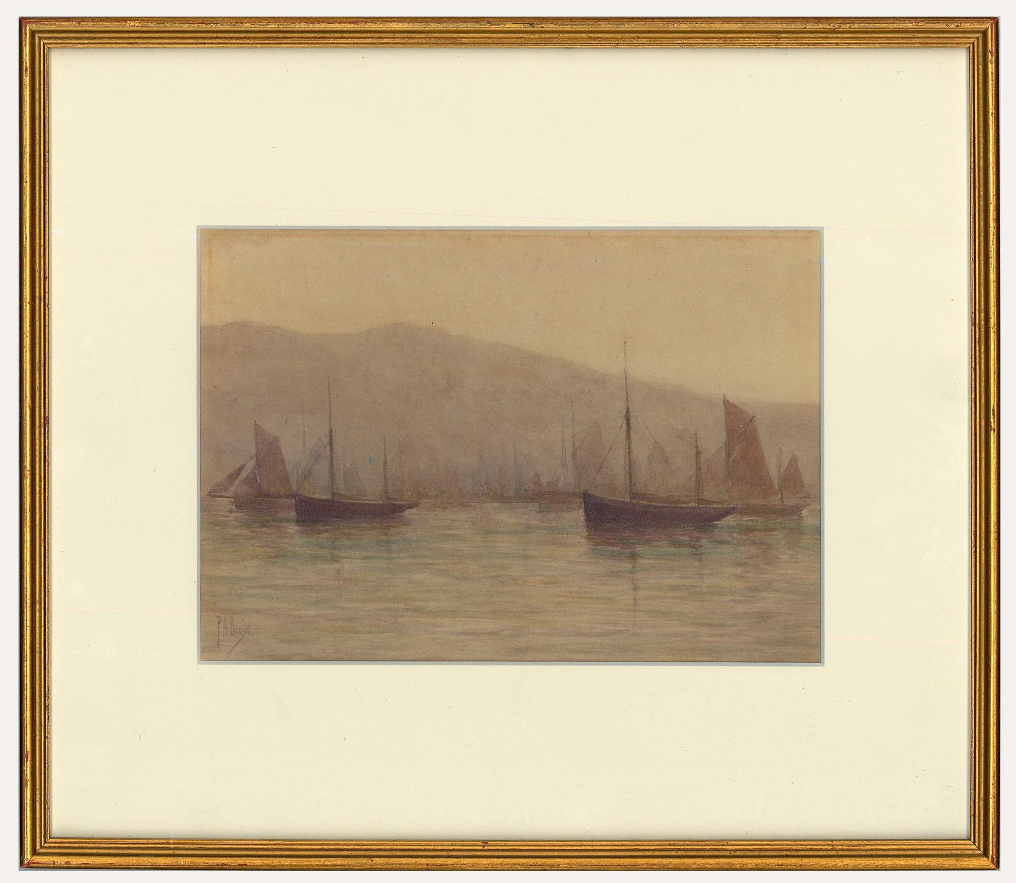 Unknown Figurative Art - P.A. Beale - Framed c.1900 Watercolour, Misty Morning, Trawlers at Brixham