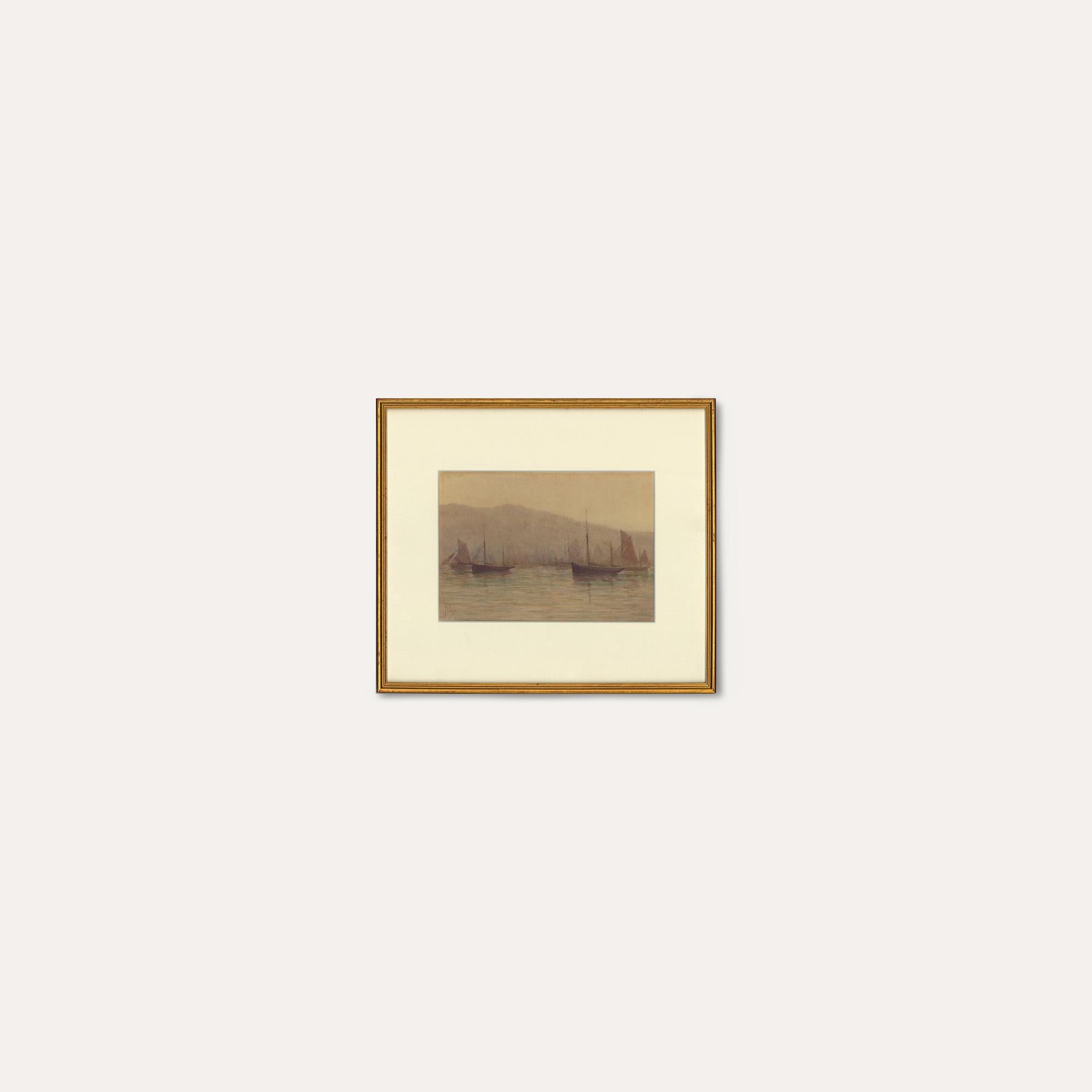A wonderfully atmospheric turn of the century watercolour depicting trawler boats at Brixham harbour just as the sun rises and shines through the smog. Well presented in a simple gilt effect frame. Signed to the lower left. On paper.
