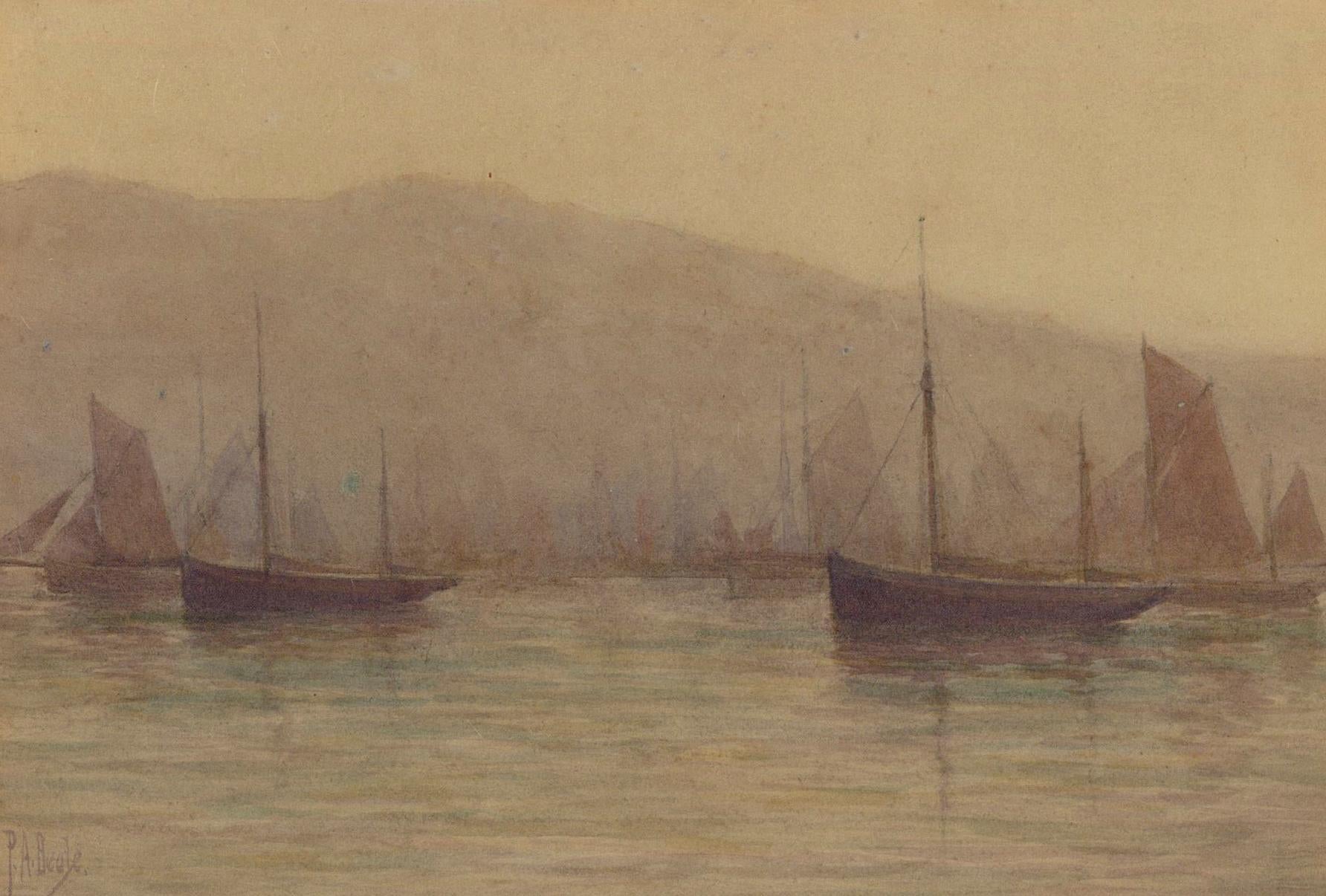 P.A. Beale - Framed c.1900 Watercolour, Misty Morning, Trawlers at Brixham - Art by Unknown