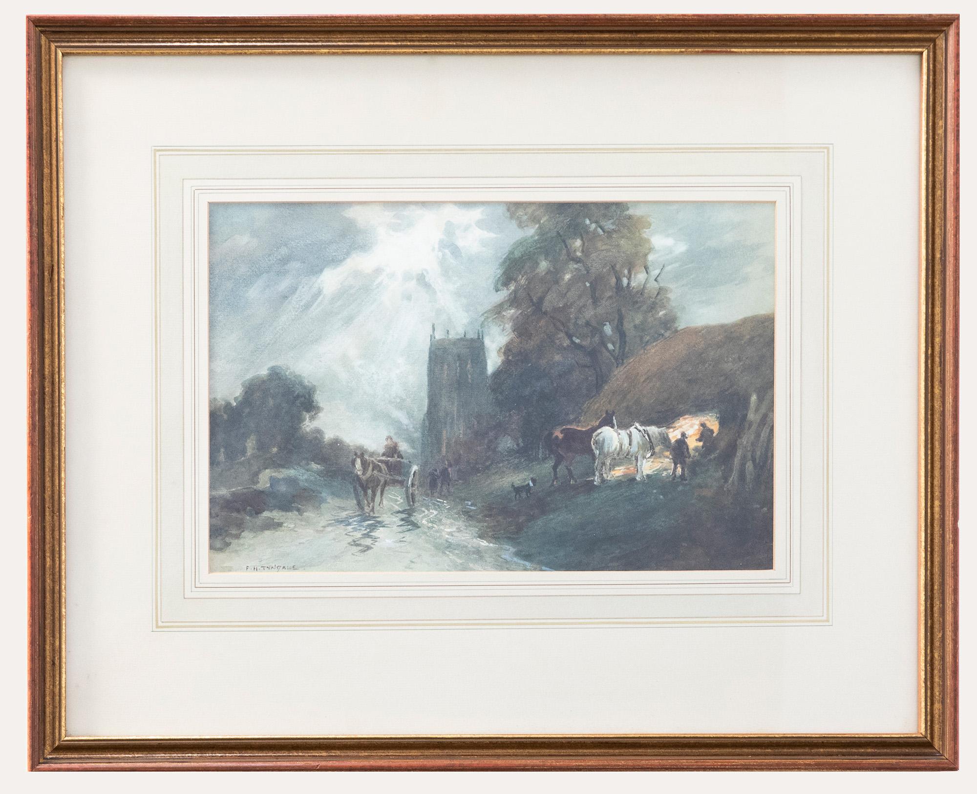 A delightful watercolour scene depicting a quaint country scene with a horse and cart. To the right of the scene two horse and a dog stand by a tall hayrick before the gloomy night sky. Signed to the lower right. Presented in a wooden frame. On